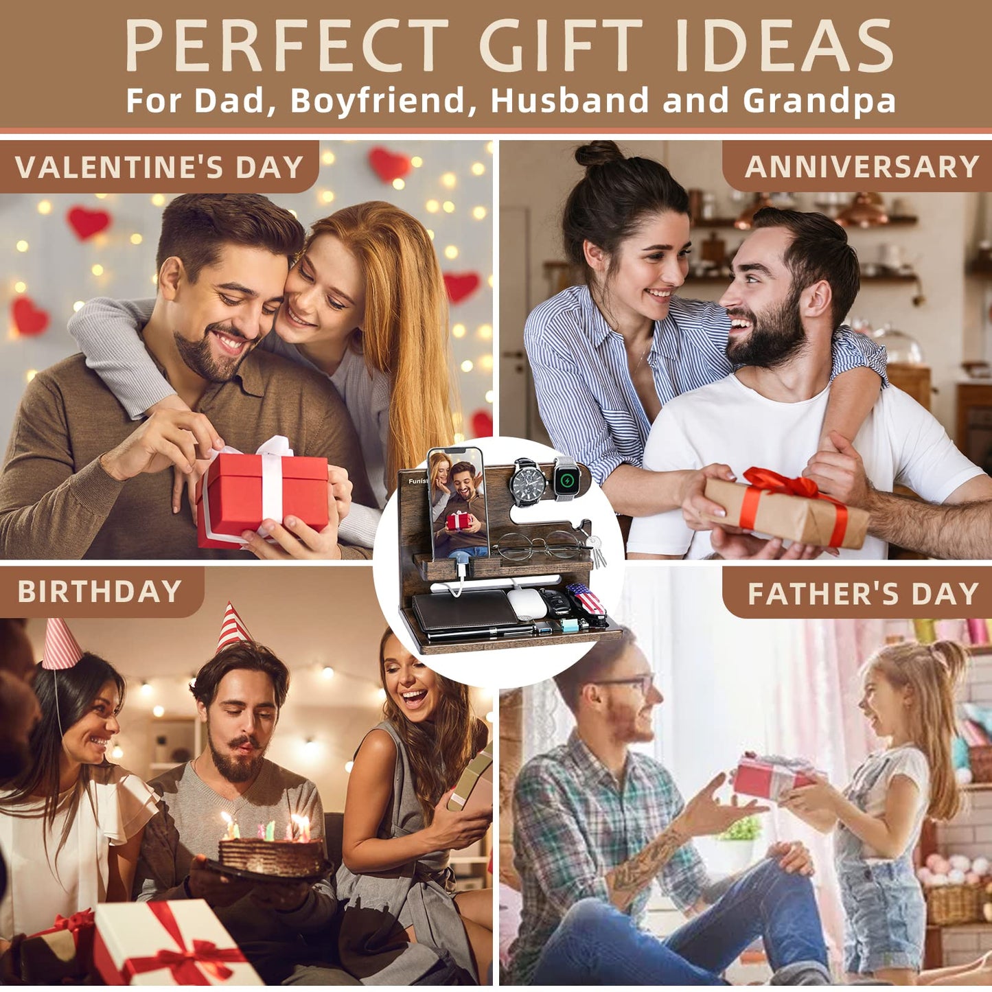 Gifts for Men Dad from Daughter Son Christmas, Wood Phone Docking Station with Drawer, Husband Birthday Gifts Him Boyfriend from Wife Anniversary Nightstand Organizer Xmas Stocking Stuffers