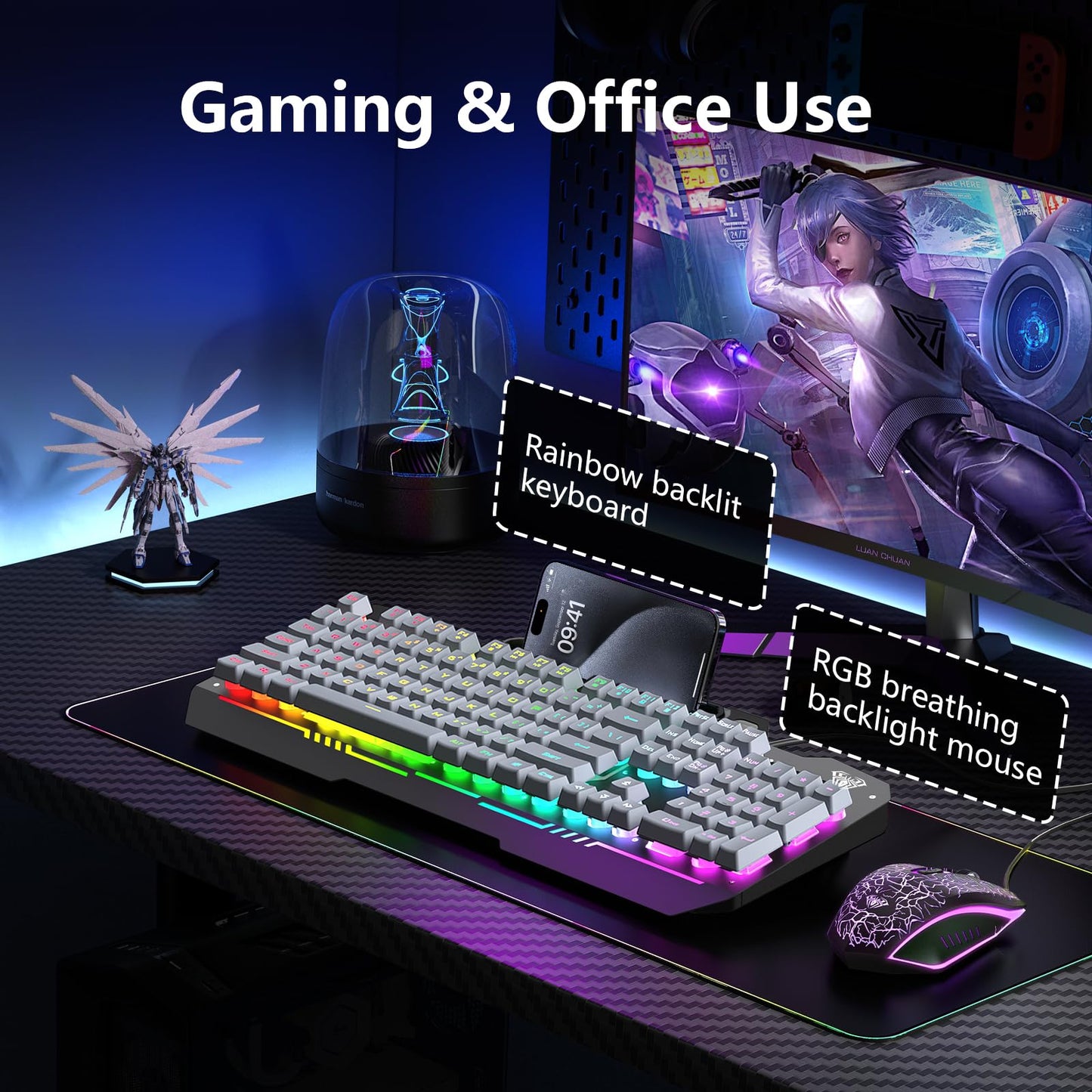 AULA Keyboard, T102 104 Keys Gaming Keyboard and Mouse Combo with RGB Backlit Quiet Computer Keyboard, All-Metal Panel, Waterproof Light Up PC Keyboard, USB Wired Keyboard Gaming for MAC Xbox PC Gamer