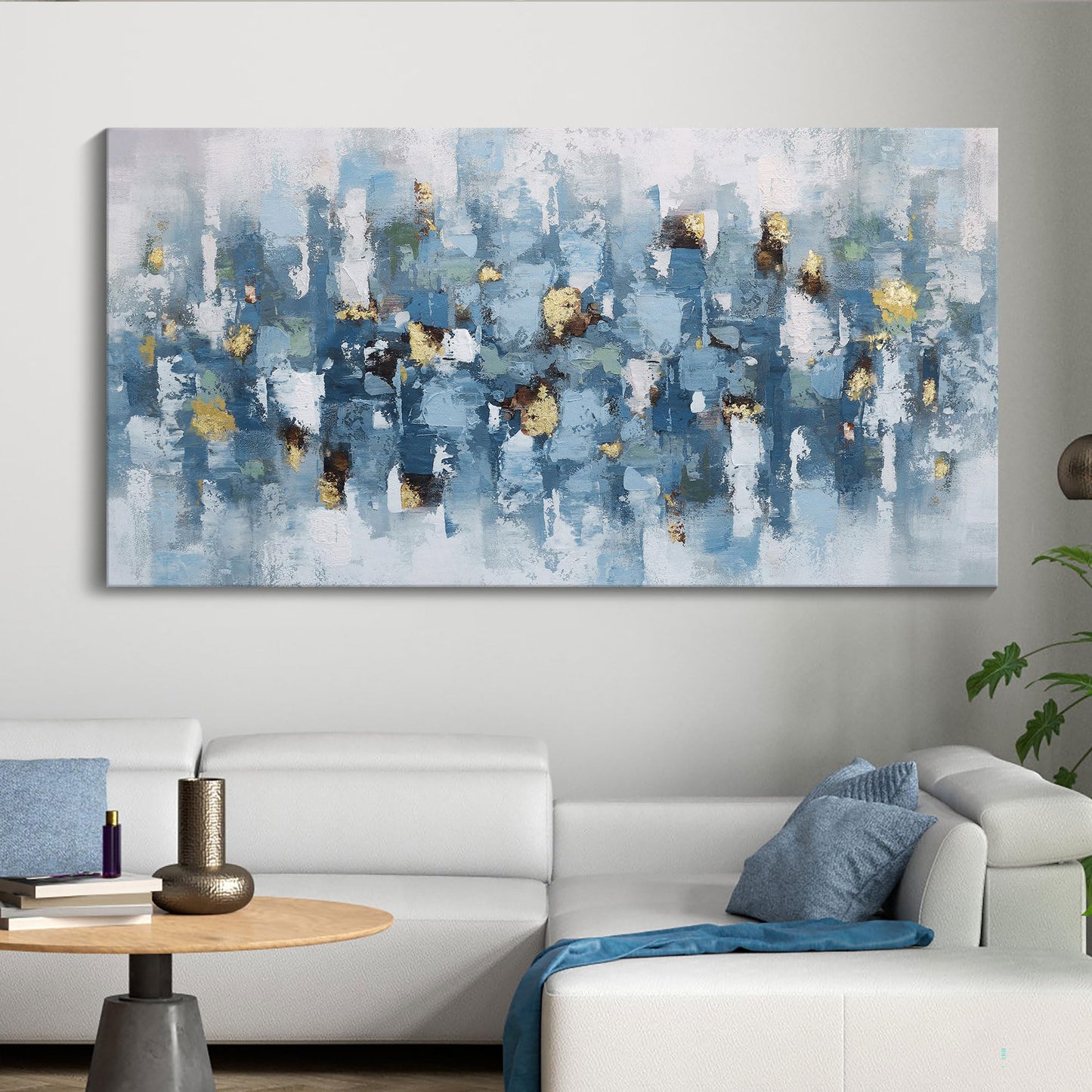 yiijeah Wall Art for Living Room - Framed Picture Artwork for Walls - Blue Wall Art 24x48 Inches Contemporary Abstract Wall Art Prints Canvas Painting Large Size Wall Art for Bedroom Office