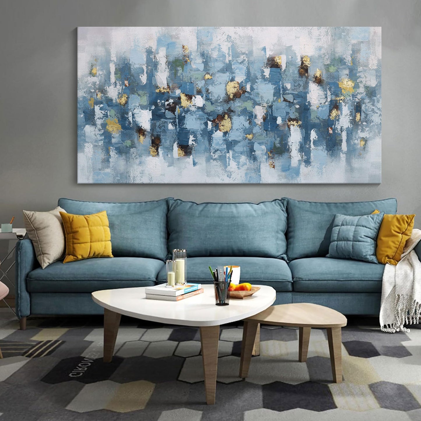 yiijeah Wall Art for Living Room - Framed Picture Artwork for Walls - Blue Wall Art 24x48 Inches Contemporary Abstract Wall Art Prints Canvas Painting Large Size Wall Art for Bedroom Office