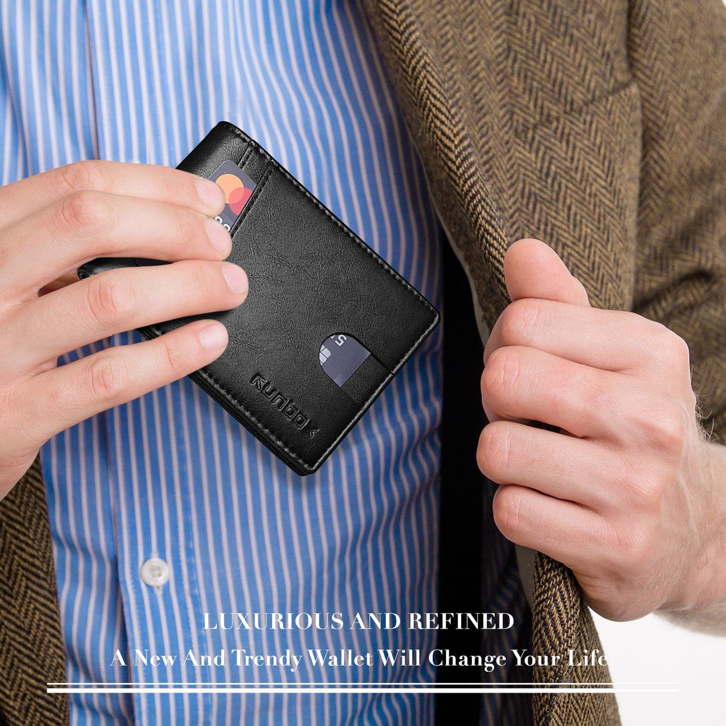 RUNBOX Wallet for Men Slim Rfid Leather 2 ID Window With Gift Box