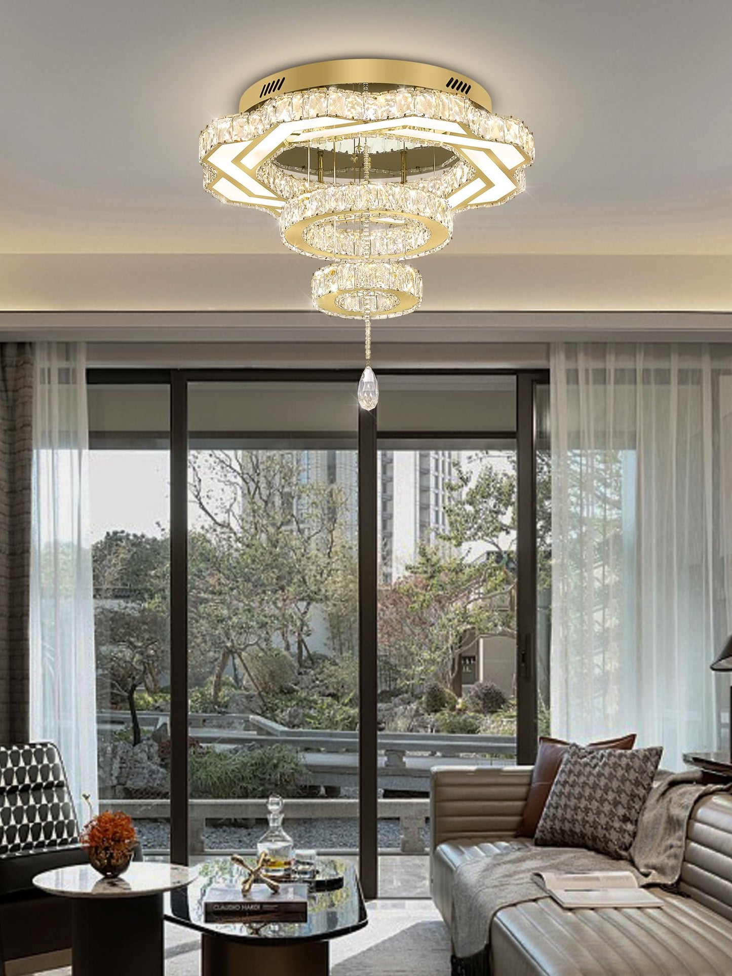 Flashing God Crystal Chandeliers Dia 32" Silver Elegant Chandelier Flush Mount Ceiling Light for Bedroom Living Room Dining Room Hallway Dimmable 3 Rings LED Celing Lighting Fixtures