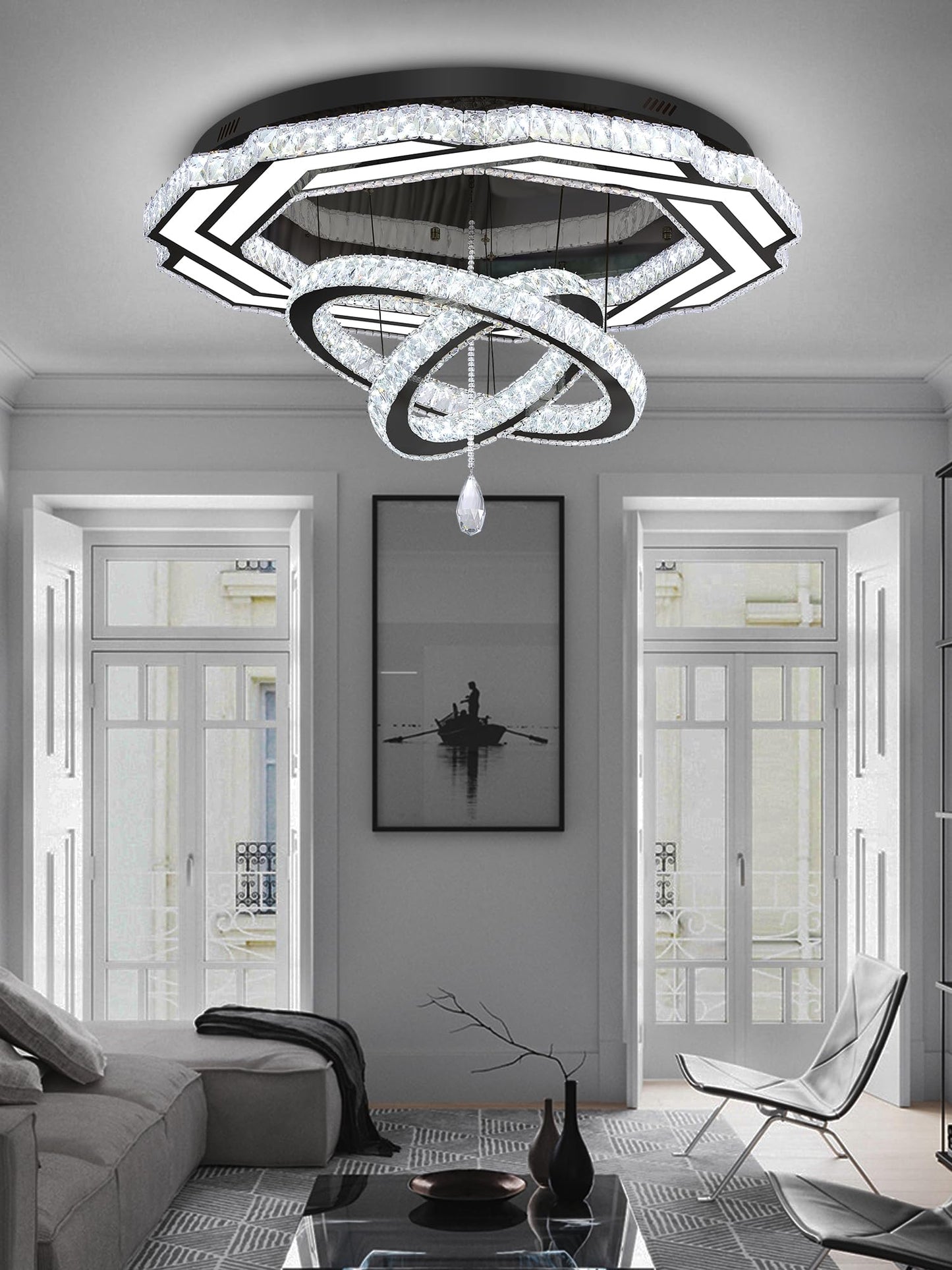 Flashing God Crystal Chandeliers Dia 32" Silver Elegant Chandelier Flush Mount Ceiling Light for Bedroom Living Room Dining Room Hallway Dimmable 3 Rings LED Celing Lighting Fixtures