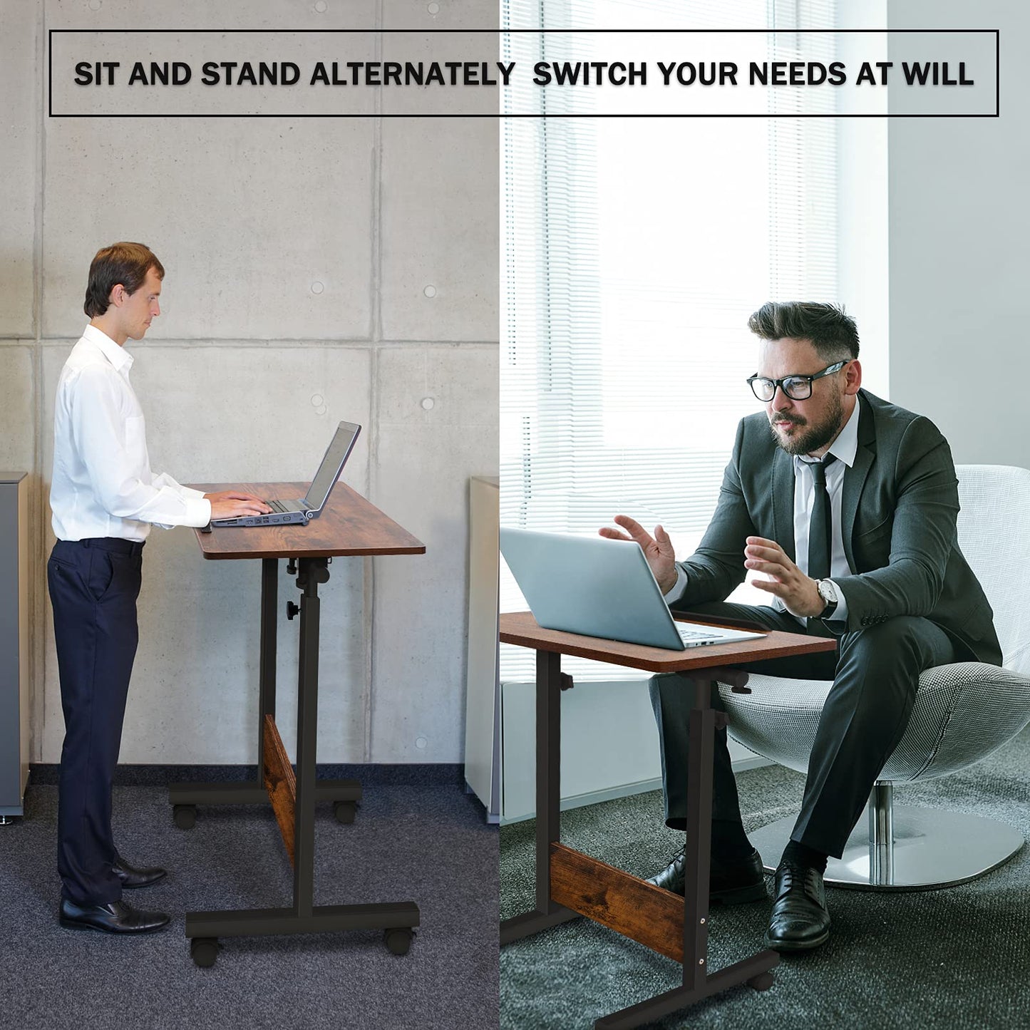 KOUPA Height Adjustable Mobile Standing Desk 16×24 in,360° Flip Desk Stand Desk Home Office Table Standing Desk for Small Space Offices,Easy to Assemble(Rustic Brown Desktop)