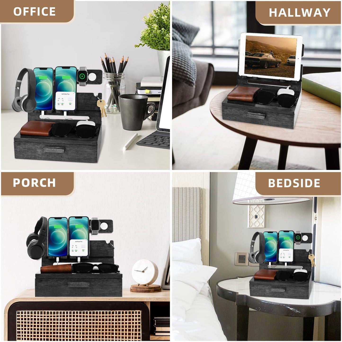 Gifts for Men Dad from Daughter Son Christmas, Wood Phone Docking Station with Drawer, Husband Birthday Gifts Him Boyfriend from Wife Anniversary Nightstand Organizer Xmas Stocking Stuffers