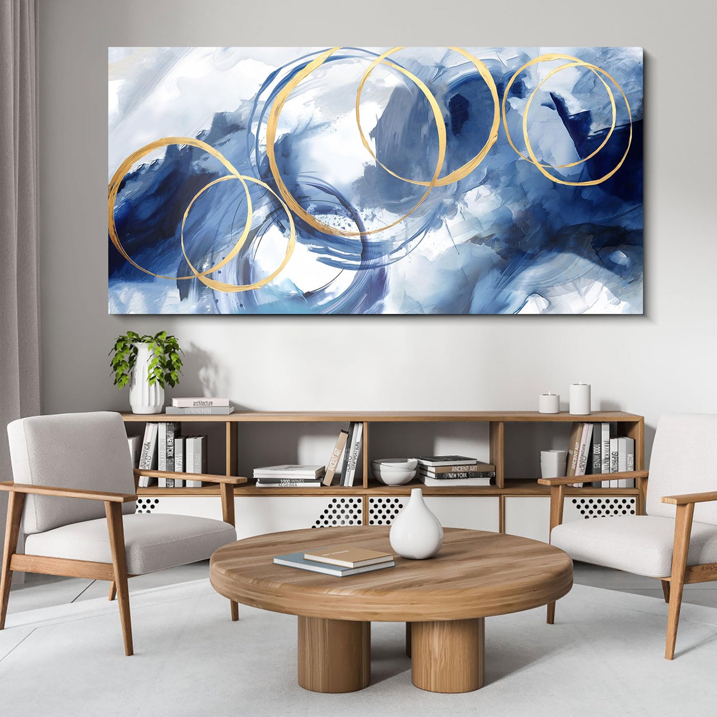 yiijeah Wall Art for Living Room - Framed Picture Artwork for Walls - Blue Wall Art 24x48 Inches Contemporary Abstract Wall Art Prints Canvas Painting Large Size Wall Art for Bedroom Office