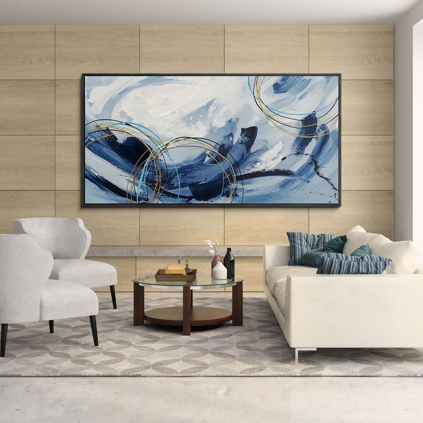 yiijeah Wall Art for Living Room - Framed Picture Artwork for Walls - Blue Wall Art 24x48 Inches Contemporary Abstract Wall Art Prints Canvas Painting Large Size Wall Art for Bedroom Office