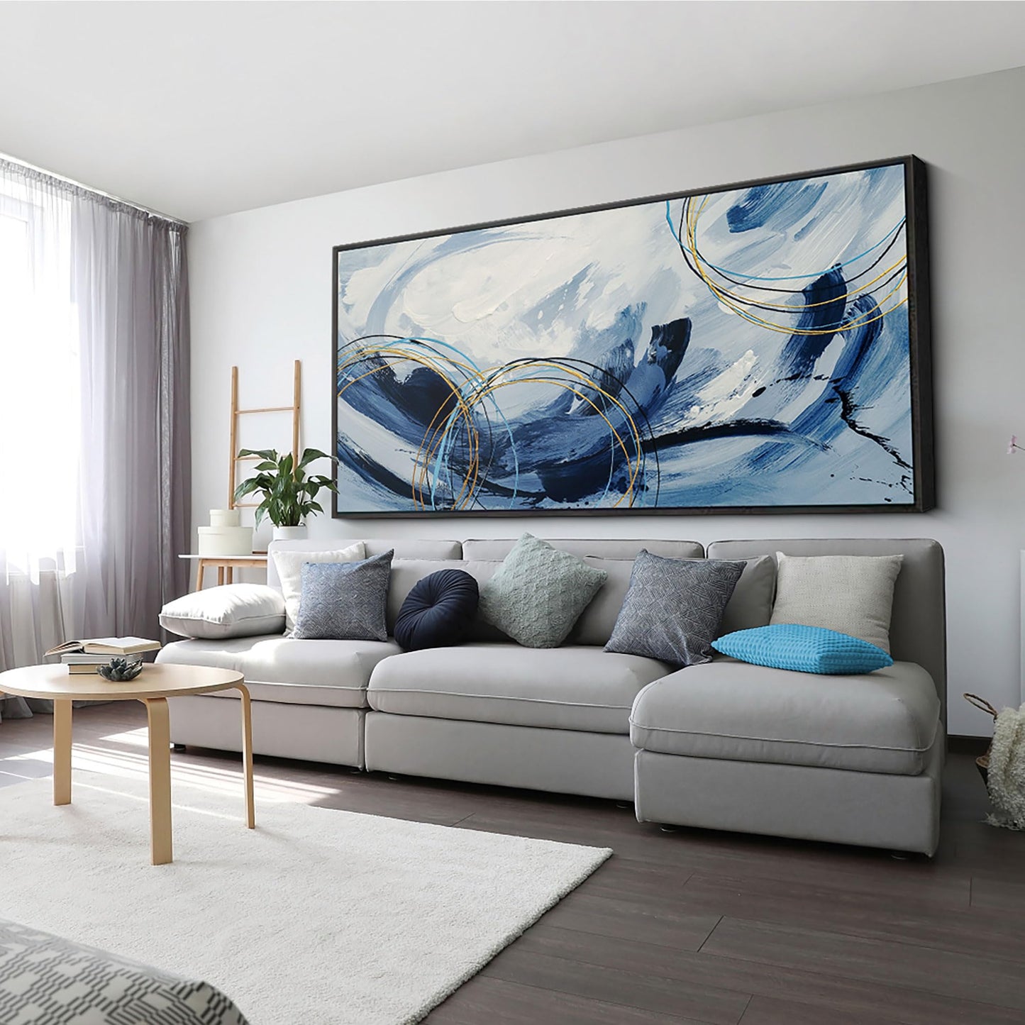 yiijeah Wall Art for Living Room - Framed Picture Artwork for Walls - Blue Wall Art 24x48 Inches Contemporary Abstract Wall Art Prints Canvas Painting Large Size Wall Art for Bedroom Office