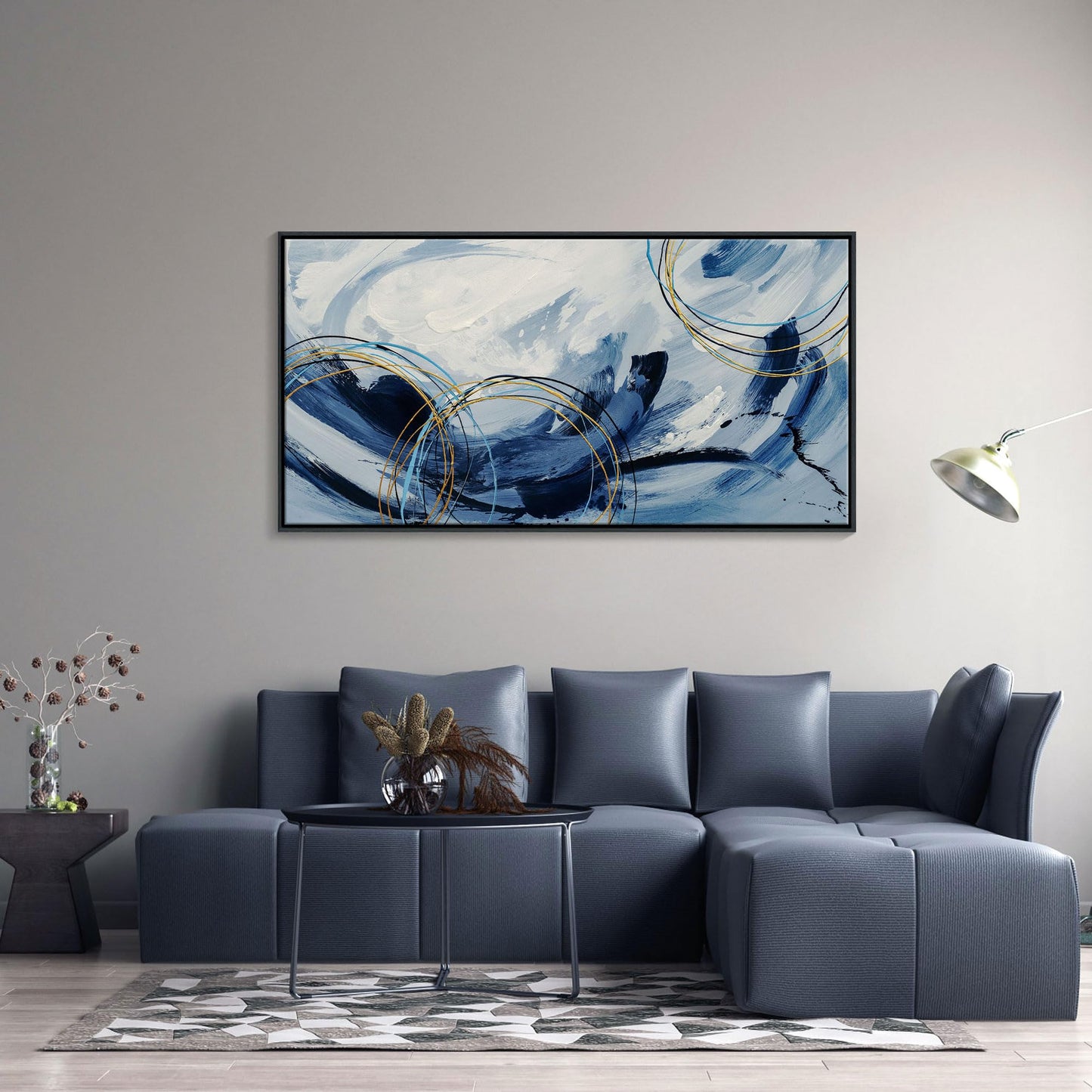 yiijeah Wall Art for Living Room - Framed Picture Artwork for Walls - Blue Wall Art 24x48 Inches Contemporary Abstract Wall Art Prints Canvas Painting Large Size Wall Art for Bedroom Office