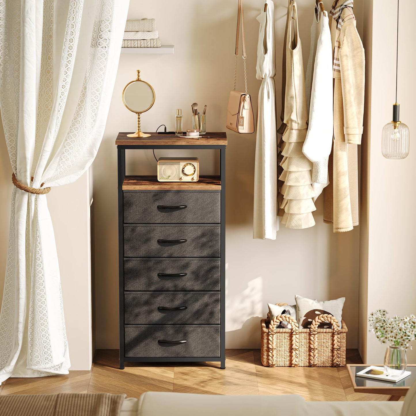 Huuger Nightstand with Charging Station, Side Table with Fabric Drawers, End Table with Open Shelf, Bedside Table with USB Ports and Outlets, Night Stand for Bedroom, Rustic Brown and Black