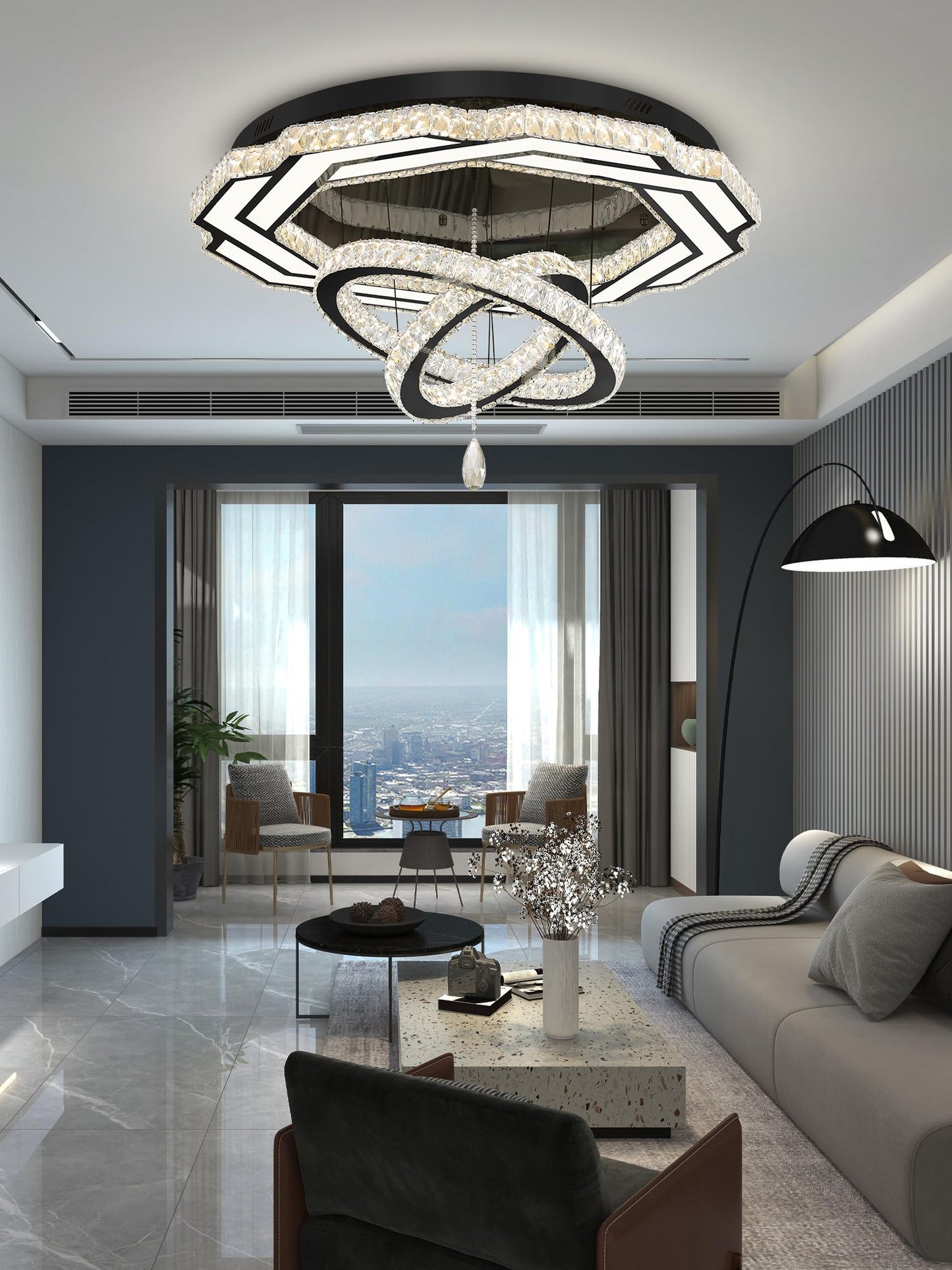 Flashing God Crystal Chandeliers Dia 32" Silver Elegant Chandelier Flush Mount Ceiling Light for Bedroom Living Room Dining Room Hallway Dimmable 3 Rings LED Celing Lighting Fixtures