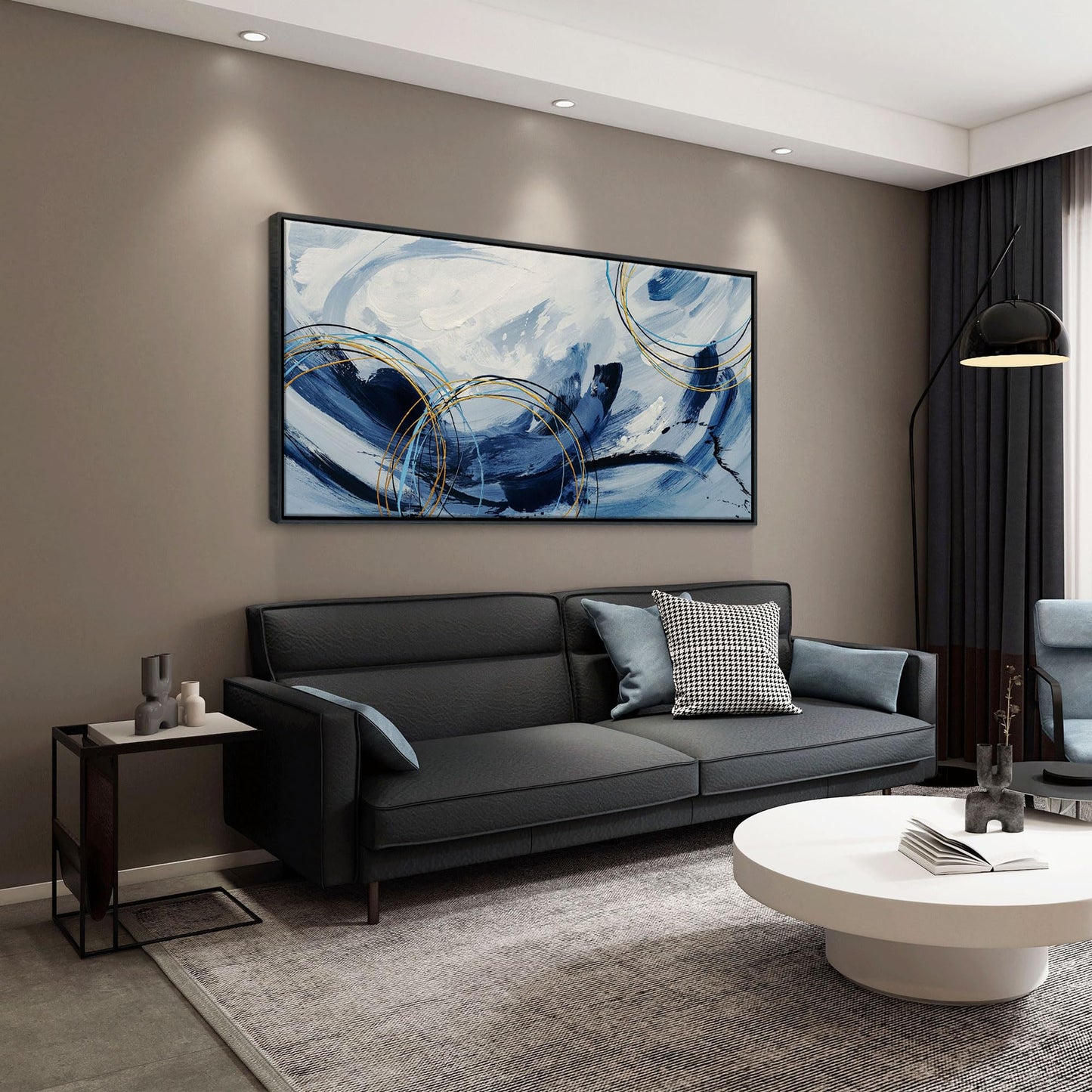 yiijeah Wall Art for Living Room - Framed Picture Artwork for Walls - Blue Wall Art 24x48 Inches Contemporary Abstract Wall Art Prints Canvas Painting Large Size Wall Art for Bedroom Office