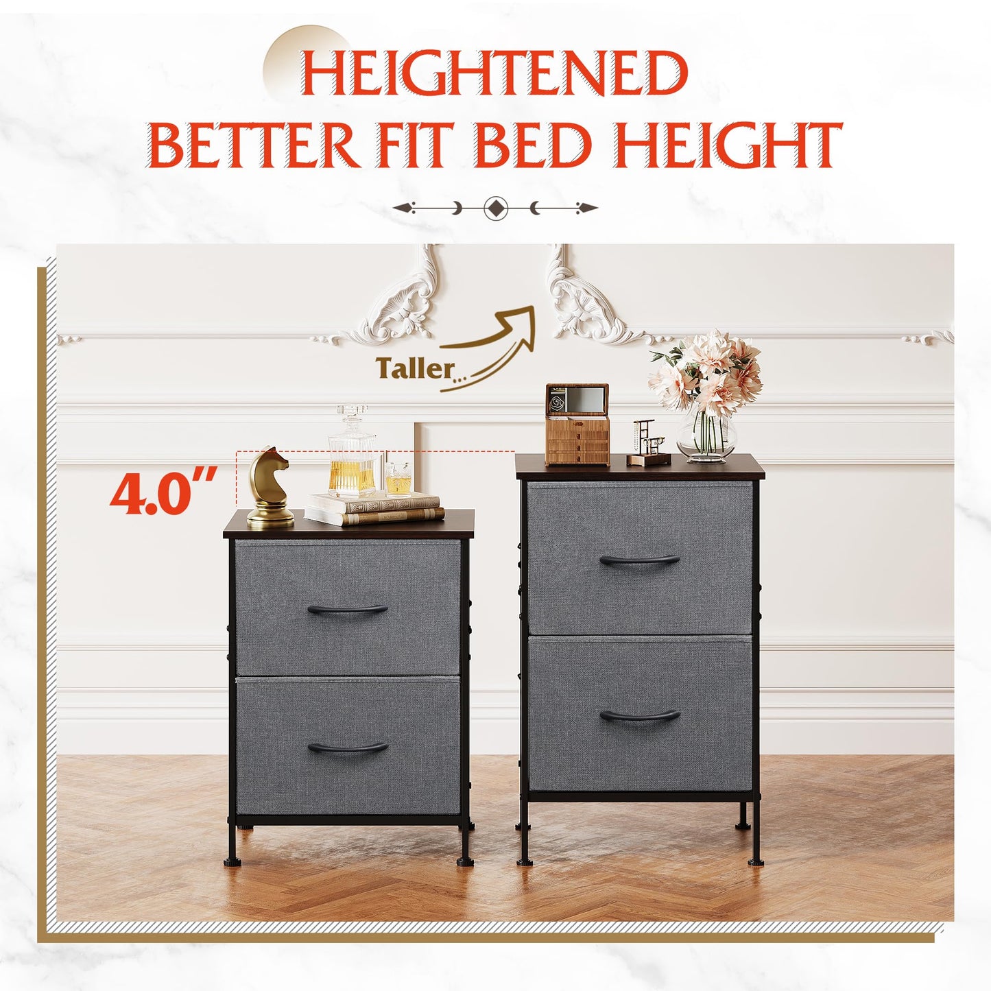 WLIVE Nightstand, 2 Drawer Dresser for Bedroom, Small Dresser with 2 Drawers, Bedside Furniture, Night Stand, End Table with Fabric Bins for Bedroom, Closet, Entryway, College Dorm, Dark Grey