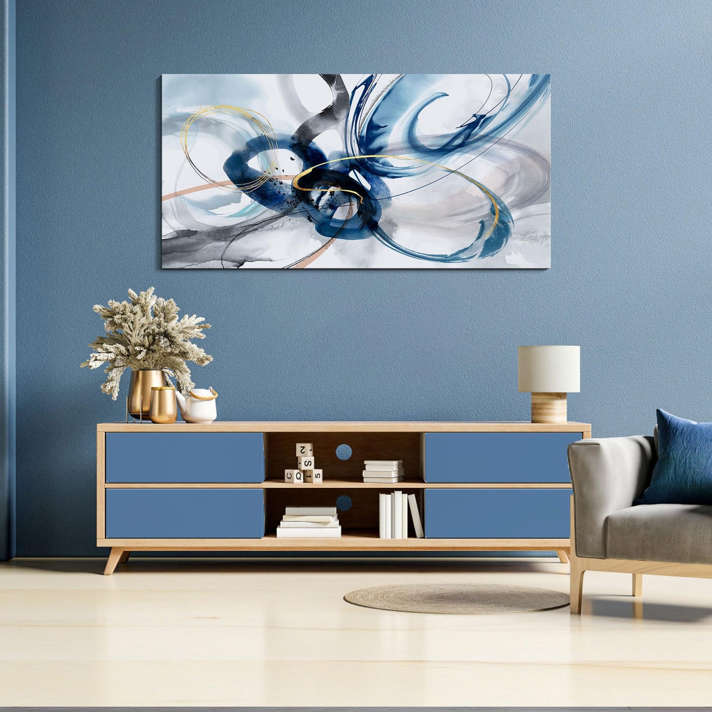 yiijeah Wall Art for Living Room - Framed Picture Artwork for Walls - Blue Wall Art 24x48 Inches Contemporary Abstract Wall Art Prints Canvas Painting Large Size Wall Art for Bedroom Office
