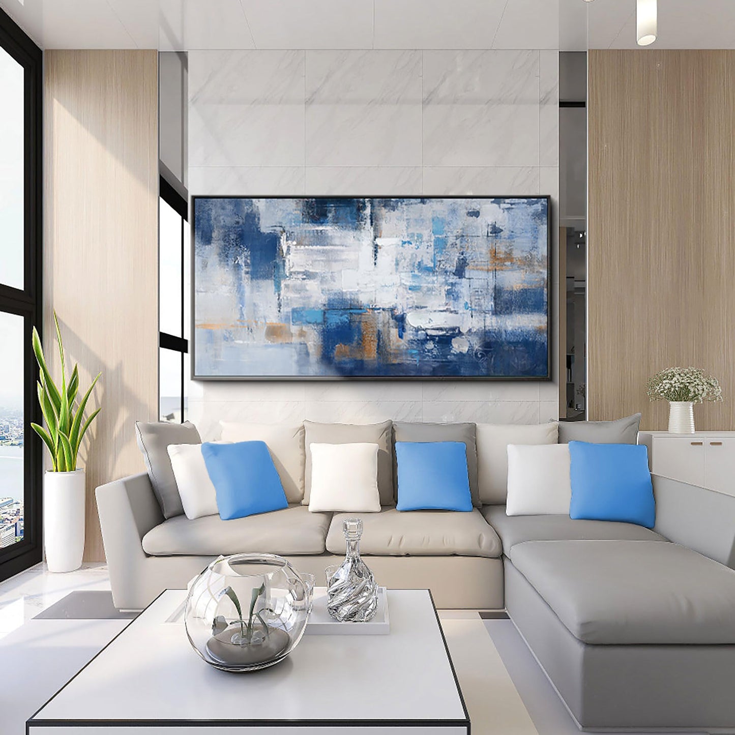 yiijeah Wall Art for Living Room - Framed Picture Artwork for Walls - Blue Wall Art 24x48 Inches Contemporary Abstract Wall Art Prints Canvas Painting Large Size Wall Art for Bedroom Office