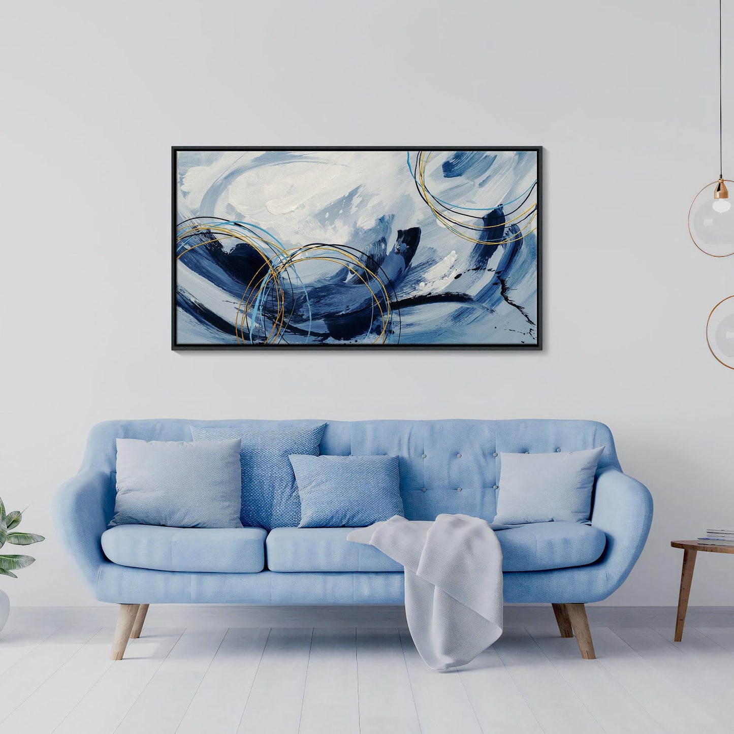 yiijeah Wall Art for Living Room - Framed Picture Artwork for Walls - Blue Wall Art 24x48 Inches Contemporary Abstract Wall Art Prints Canvas Painting Large Size Wall Art for Bedroom Office