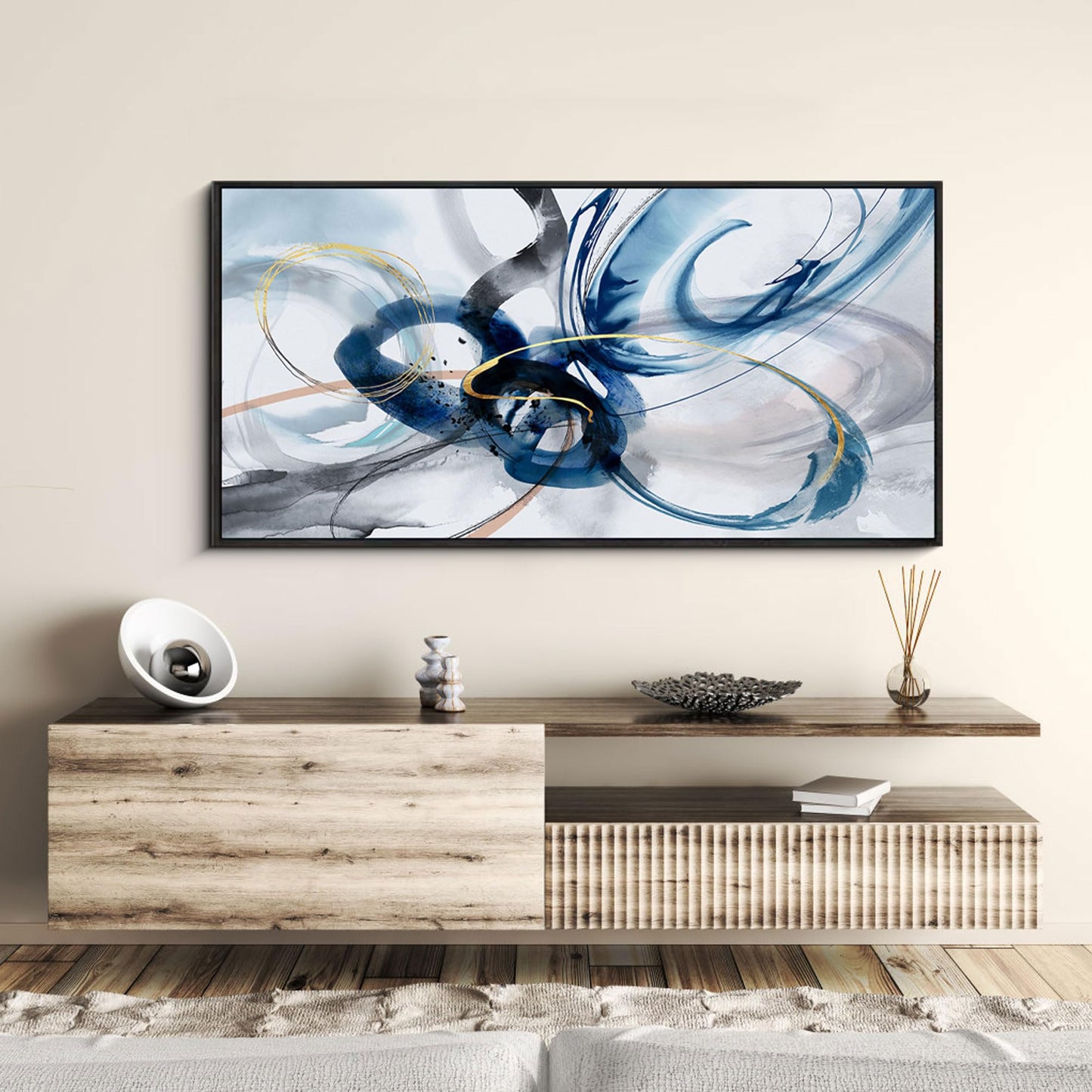 yiijeah Wall Art for Living Room - Framed Picture Artwork for Walls - Blue Wall Art 24x48 Inches Contemporary Abstract Wall Art Prints Canvas Painting Large Size Wall Art for Bedroom Office