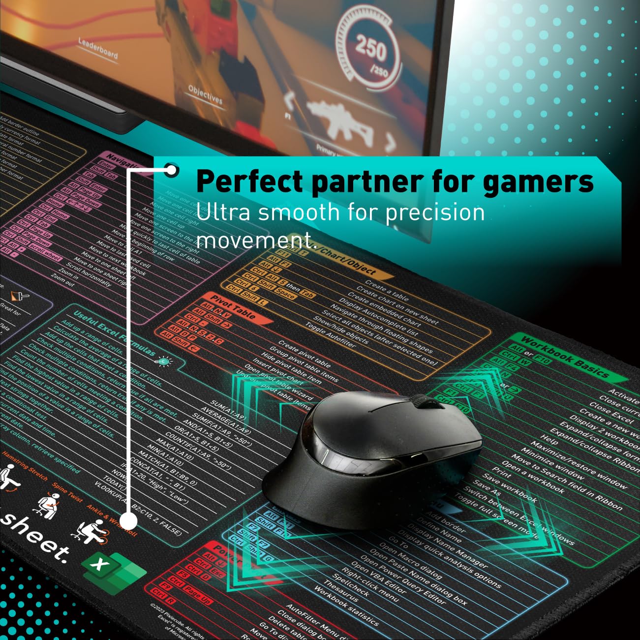 Excel Shortcut Keys Mouse Pad - Extended Large XL Cheat Sheet Gaming Mousepad | PC Office Spreadsheet Keyboard Mat | Non-Slip Stitched Edge