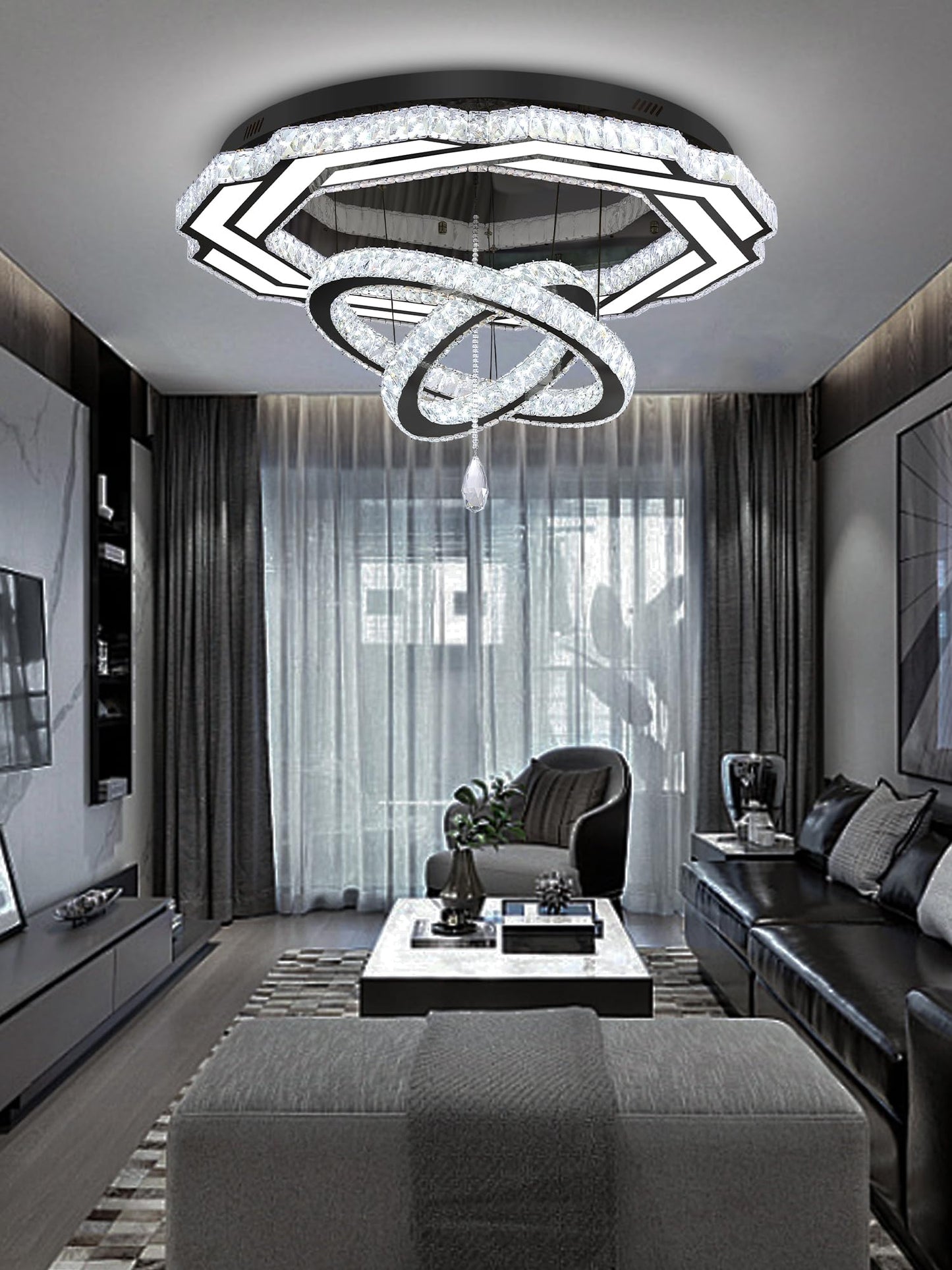 Flashing God Crystal Chandeliers Dia 32" Silver Elegant Chandelier Flush Mount Ceiling Light for Bedroom Living Room Dining Room Hallway Dimmable 3 Rings LED Celing Lighting Fixtures