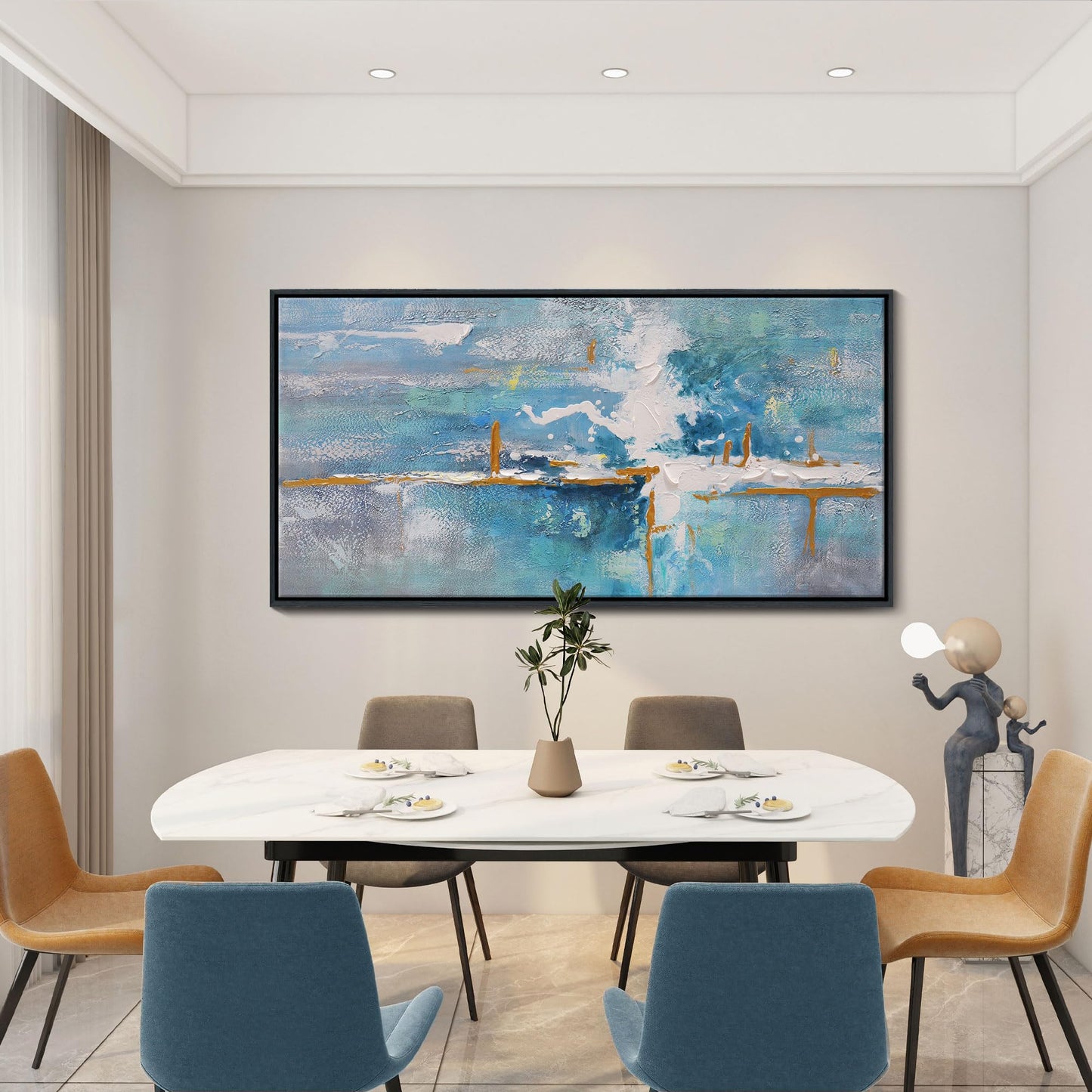 yiijeah Wall Art for Living Room - Framed Picture Artwork for Walls - Blue Wall Art 24x48 Inches Contemporary Abstract Wall Art Prints Canvas Painting Large Size Wall Art for Bedroom Office