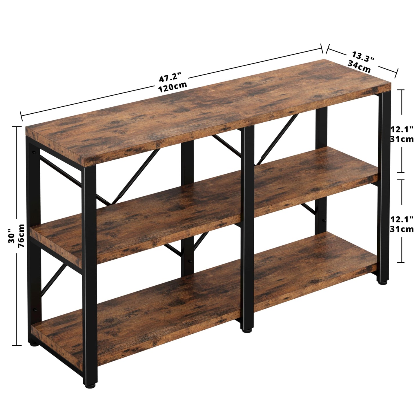 IRONCK Rustic Entryway Console Table, Long Hallway Table 55 in 3-Tier, TV Stand Entertainment Center Media Stand for Living Room, Industrial Style, Vintage Brown