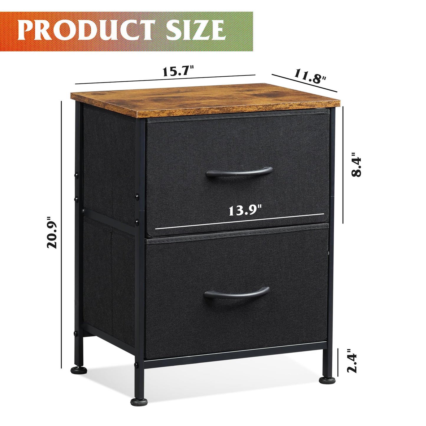 WLIVE Nightstand, 2 Drawer Dresser for Bedroom, Small Dresser with 2 Drawers, Bedside Furniture, Night Stand, End Table with Fabric Bins for Bedroom, Closet, Entryway, College Dorm, Dark Grey