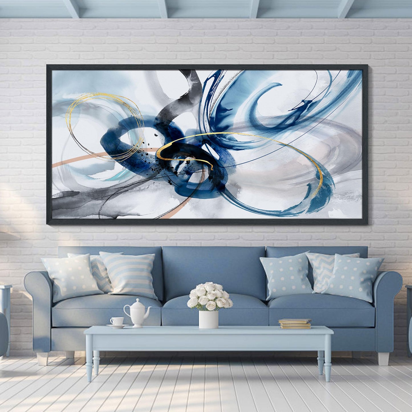 yiijeah Wall Art for Living Room - Framed Picture Artwork for Walls - Blue Wall Art 24x48 Inches Contemporary Abstract Wall Art Prints Canvas Painting Large Size Wall Art for Bedroom Office