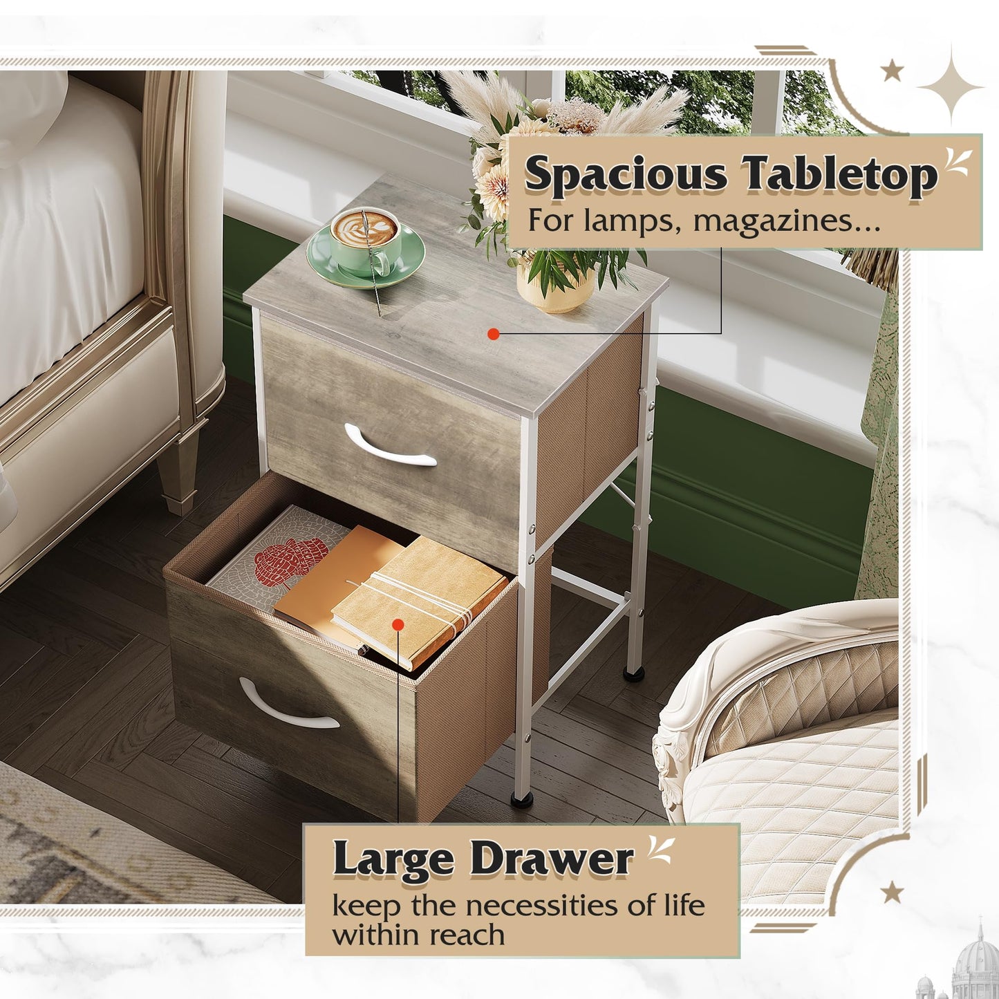 WLIVE Nightstand, 2 Drawer Dresser for Bedroom, Small Dresser with 2 Drawers, Bedside Furniture, Night Stand, End Table with Fabric Bins for Bedroom, Closet, Entryway, College Dorm, Dark Grey