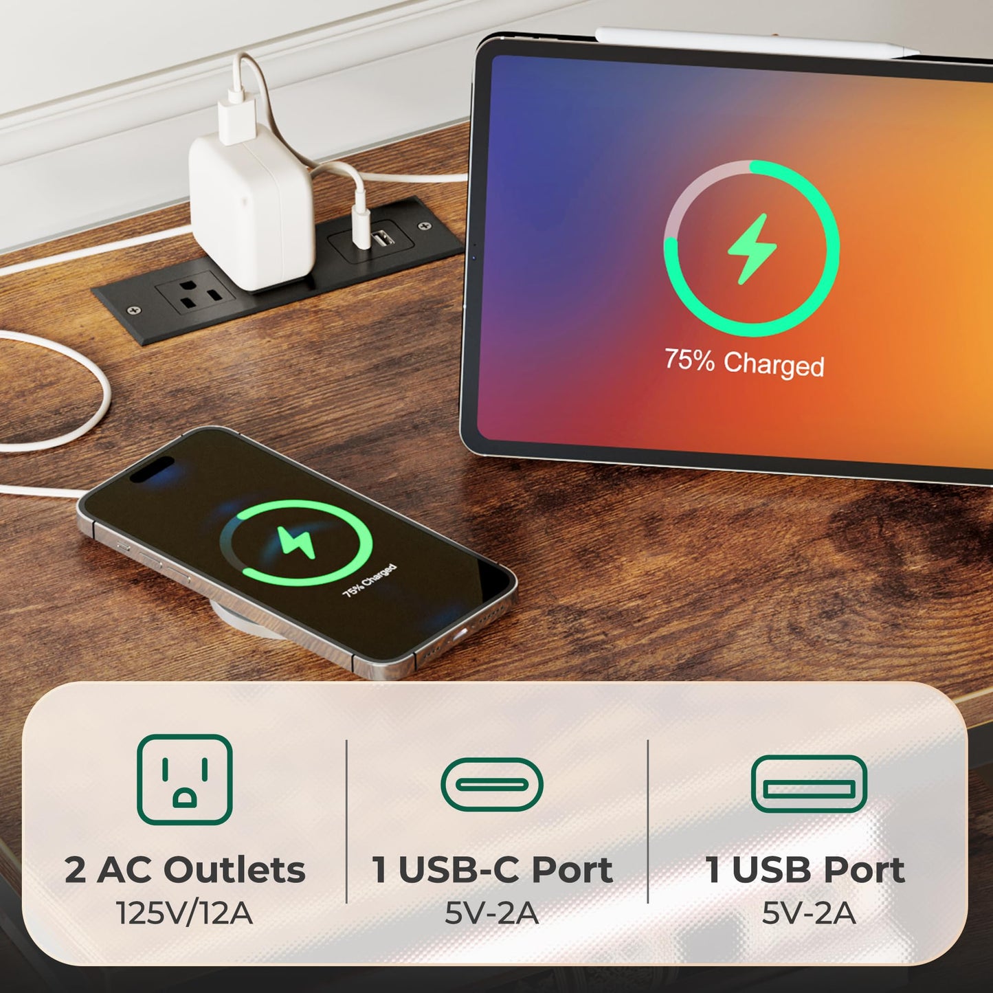 Huuger Nightstand with Charging Station, Side Table with Fabric Drawers, End Table with Open Shelf, Bedside Table with USB Ports and Outlets, Night Stand for Bedroom, Rustic Brown and Black