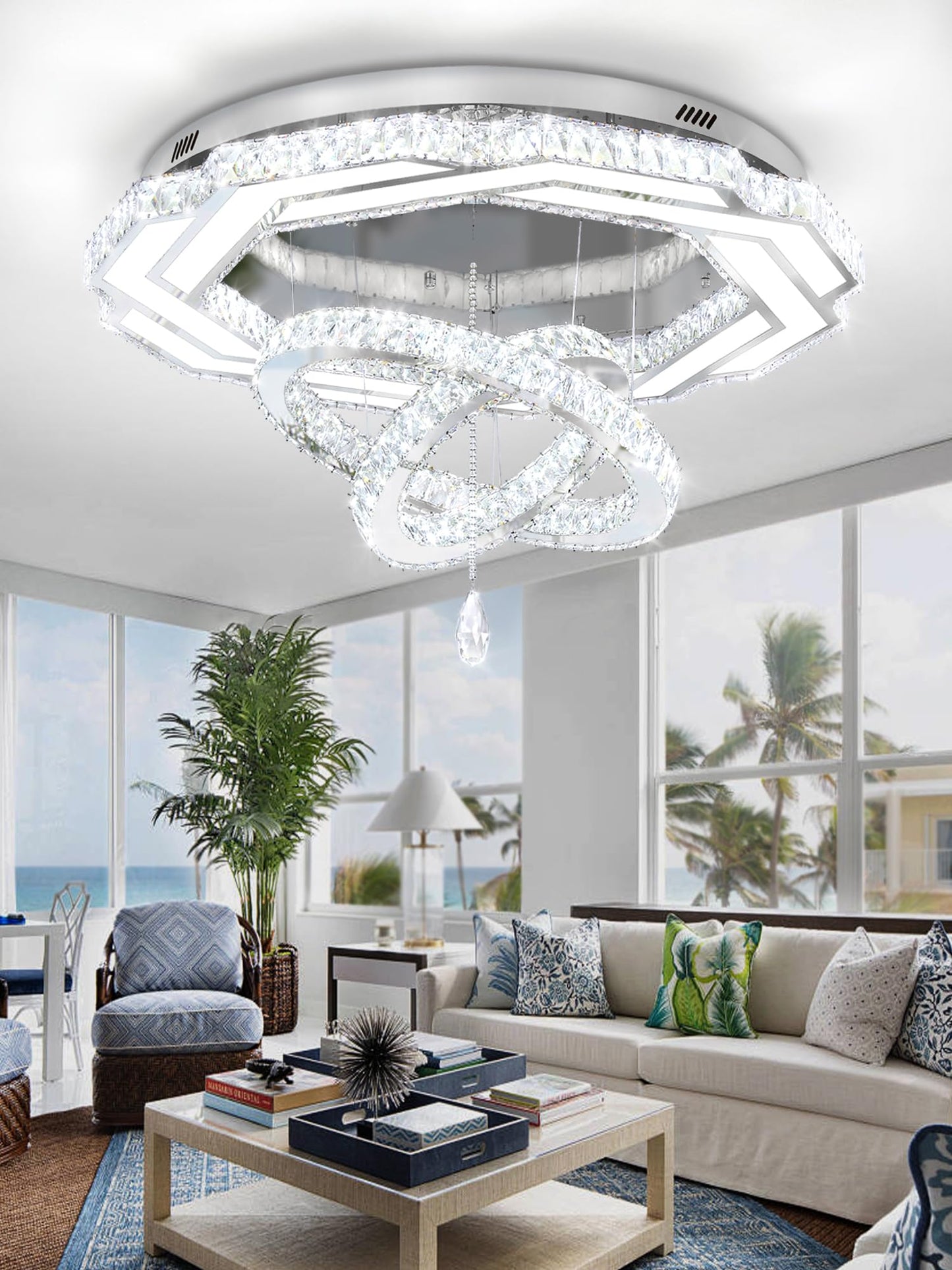 Flashing God Crystal Chandeliers Dia 32" Silver Elegant Chandelier Flush Mount Ceiling Light for Bedroom Living Room Dining Room Hallway Dimmable 3 Rings LED Celing Lighting Fixtures