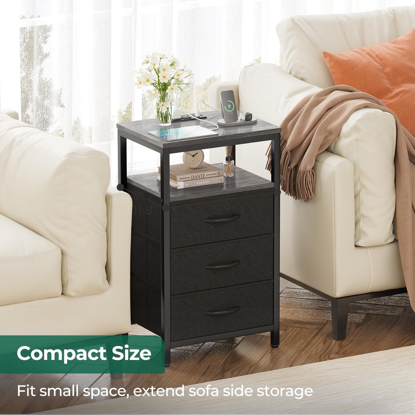 Huuger Nightstand with Charging Station, Side Table with Fabric Drawers, End Table with Open Shelf, Bedside Table with USB Ports and Outlets, Night Stand for Bedroom, Rustic Brown and Black