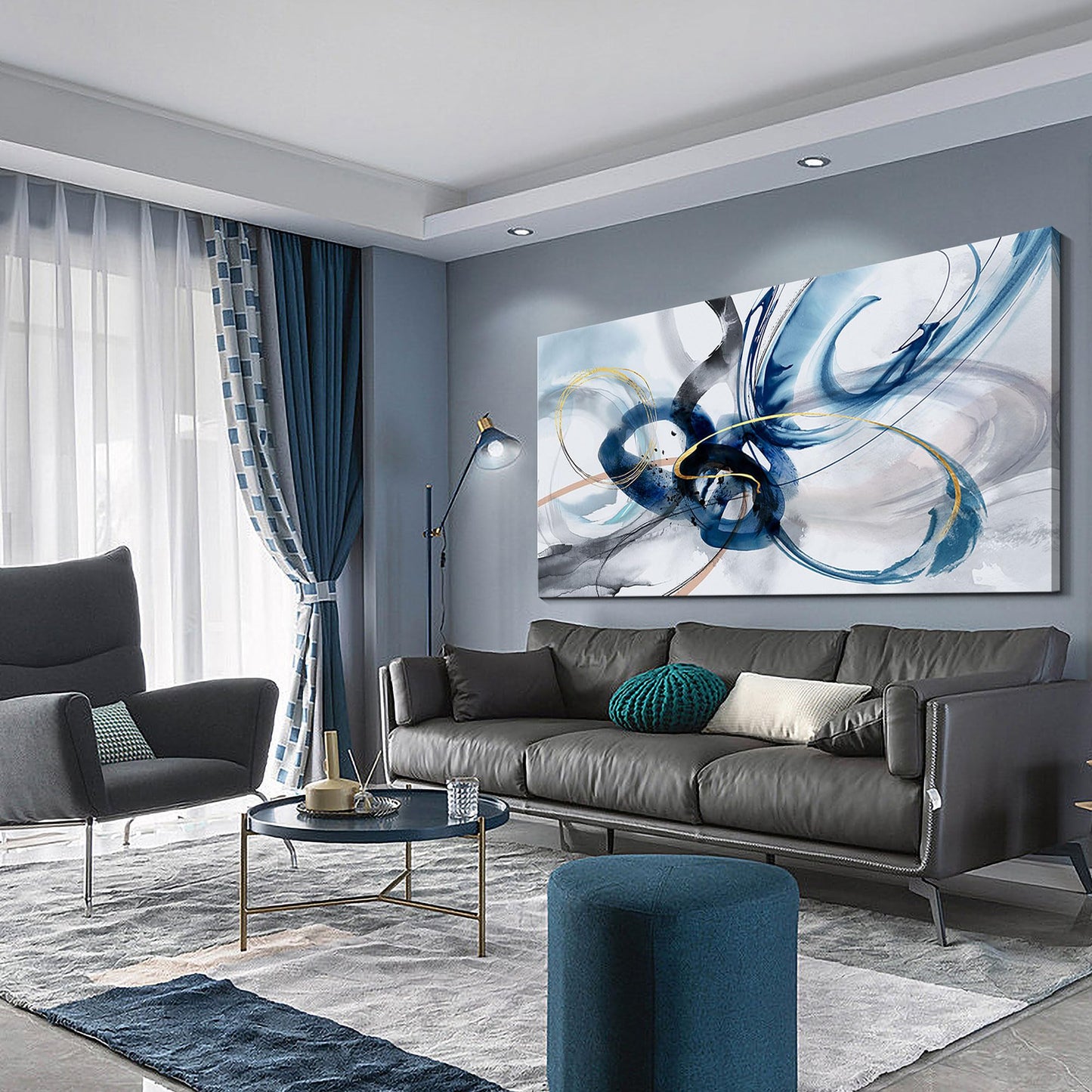 yiijeah Wall Art for Living Room - Framed Picture Artwork for Walls - Blue Wall Art 24x48 Inches Contemporary Abstract Wall Art Prints Canvas Painting Large Size Wall Art for Bedroom Office