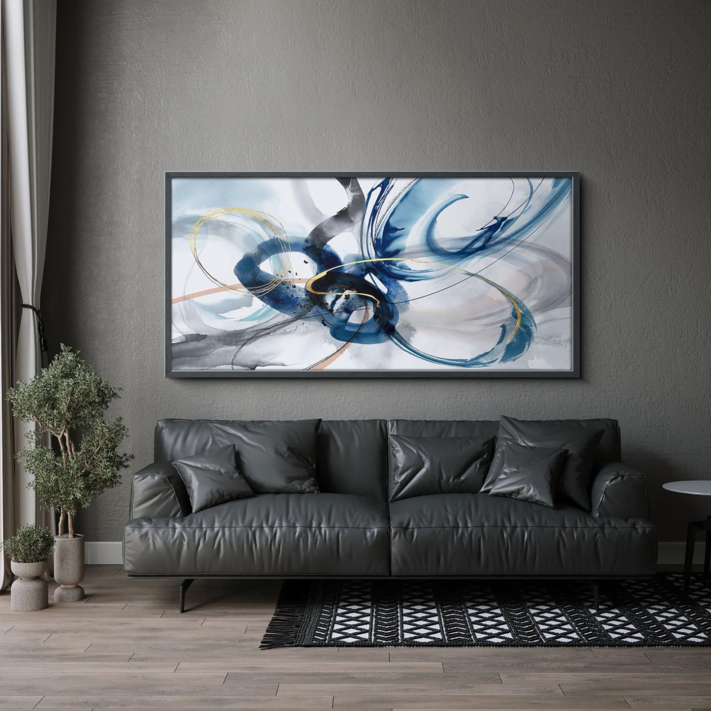 yiijeah Wall Art for Living Room - Framed Picture Artwork for Walls - Blue Wall Art 24x48 Inches Contemporary Abstract Wall Art Prints Canvas Painting Large Size Wall Art for Bedroom Office
