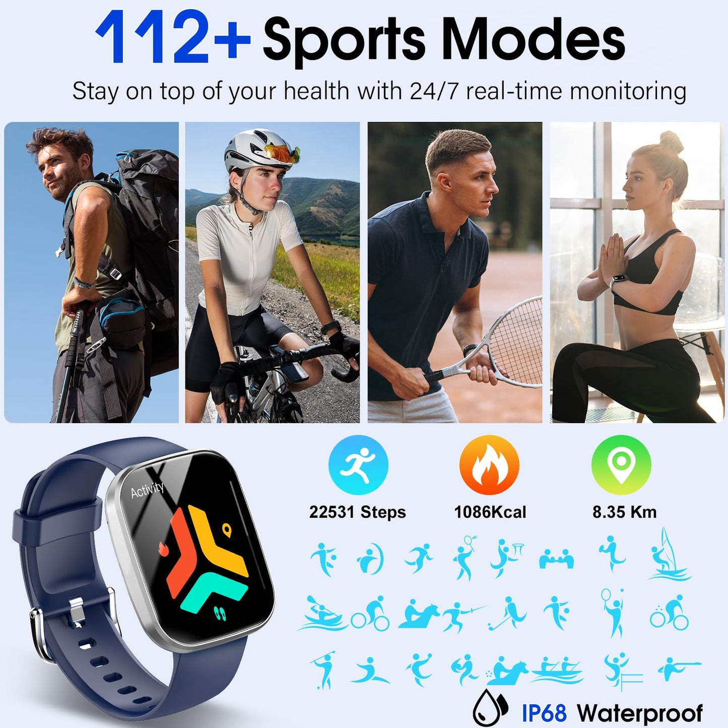 Smart Watch, 1.91" HD Screen Smartwatch for Men Women(Answer/Make Call), Fitness Watch with Heart Rate/Sleep Monitor/Steps Monitor, 110+ Sports Modes, IP68 Waterproof Activity Trackers for Android iOS