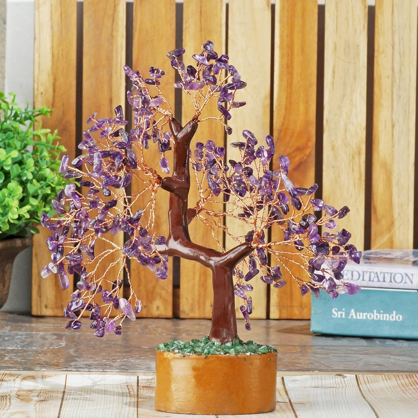 Ever Vibes Amethyst Chakra Gemstone Money Tree of Life with Necklace - Spiritual Decor, Feng Shui Healing Crystal, Handmade Tree Figurine Gift for Good Luck, Fortune, Wealth, Home Office Desk Decor