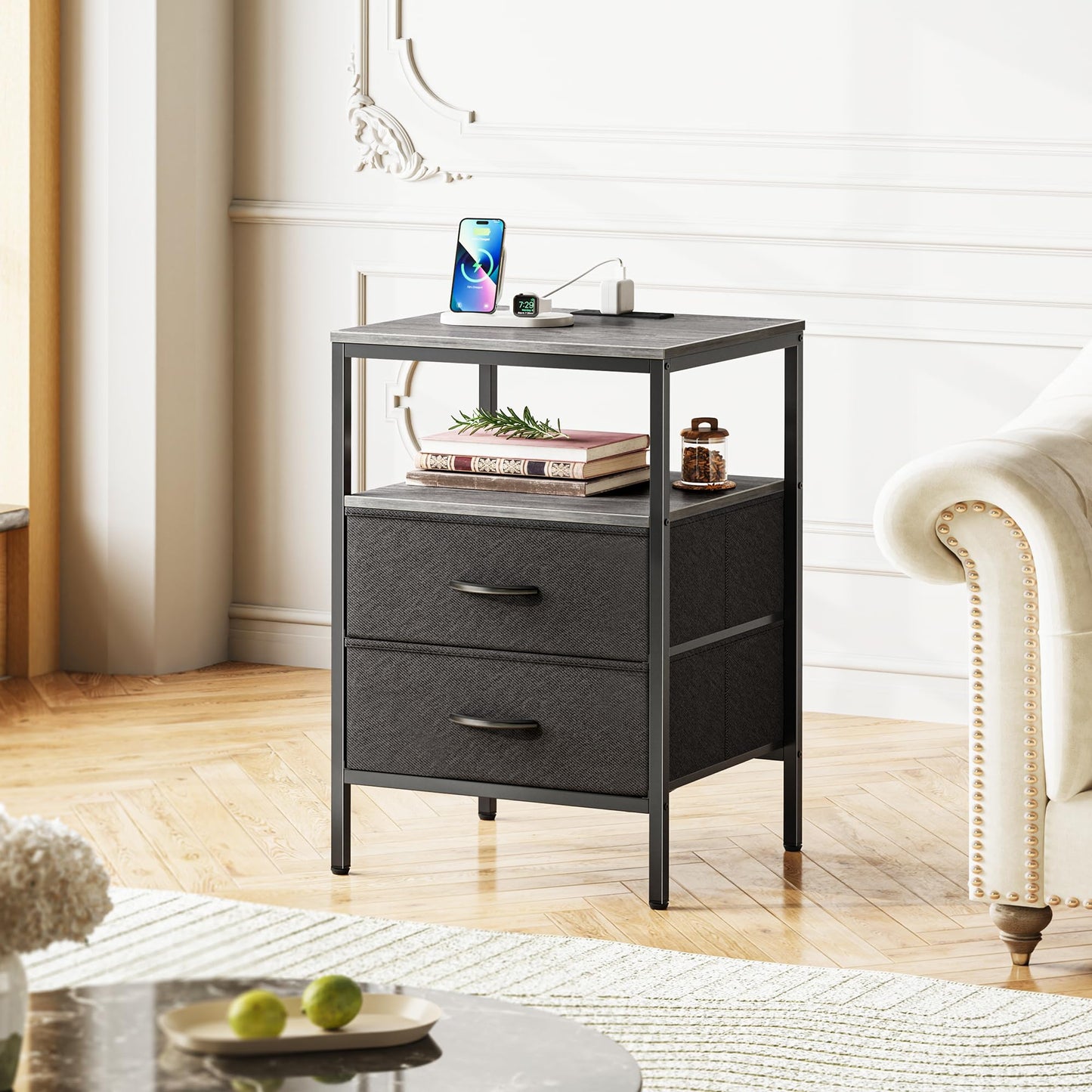 Huuger Nightstand with Charging Station, Side Table with Fabric Drawers, End Table with Open Shelf, Bedside Table with USB Ports and Outlets, Night Stand for Bedroom, Rustic Brown and Black