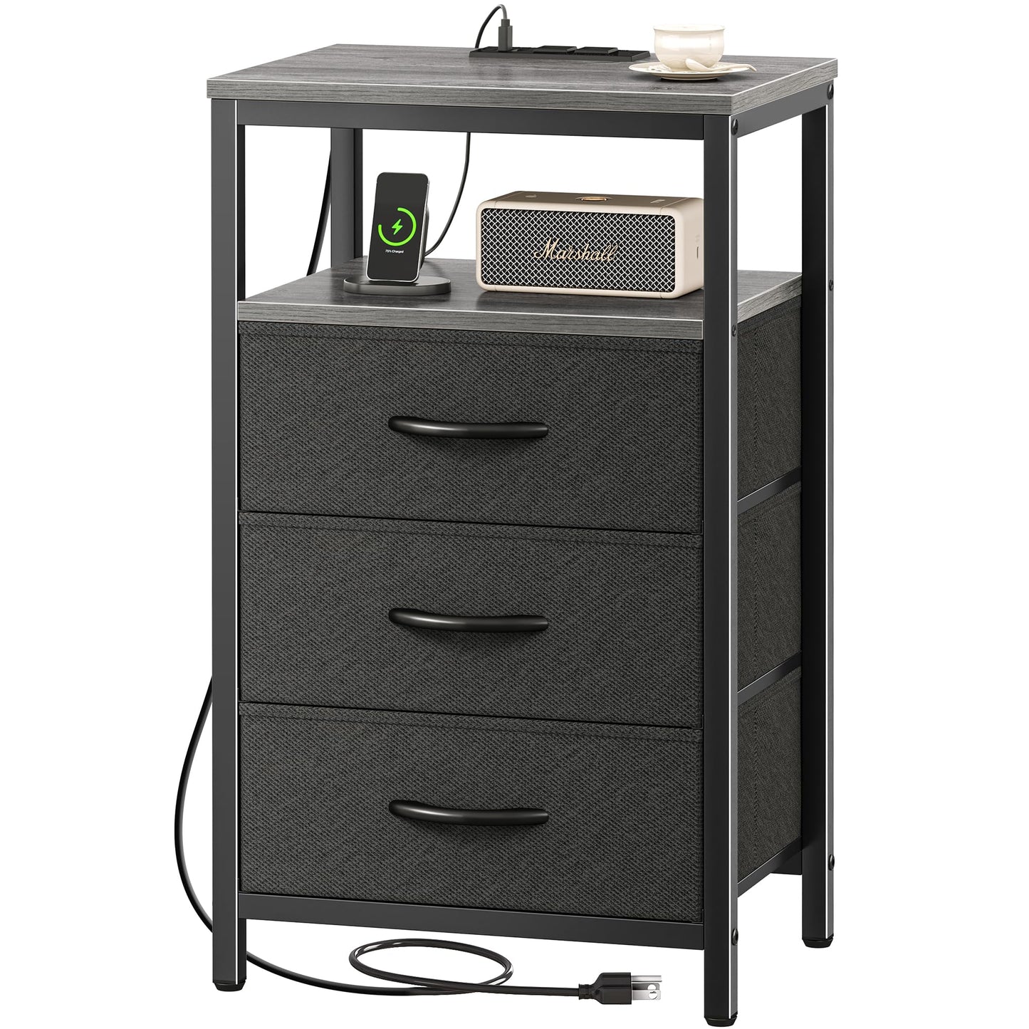 Huuger Nightstand with Charging Station, Side Table with Fabric Drawers, End Table with Open Shelf, Bedside Table with USB Ports and Outlets, Night Stand for Bedroom, Rustic Brown and Black