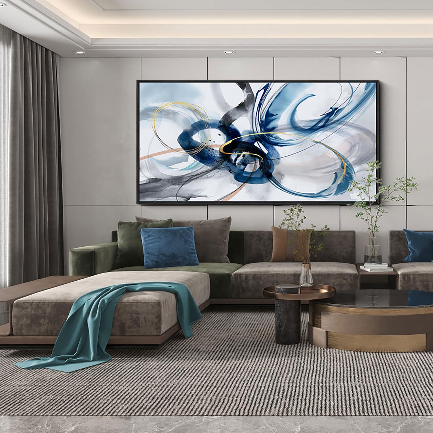 yiijeah Wall Art for Living Room - Framed Picture Artwork for Walls - Blue Wall Art 24x48 Inches Contemporary Abstract Wall Art Prints Canvas Painting Large Size Wall Art for Bedroom Office