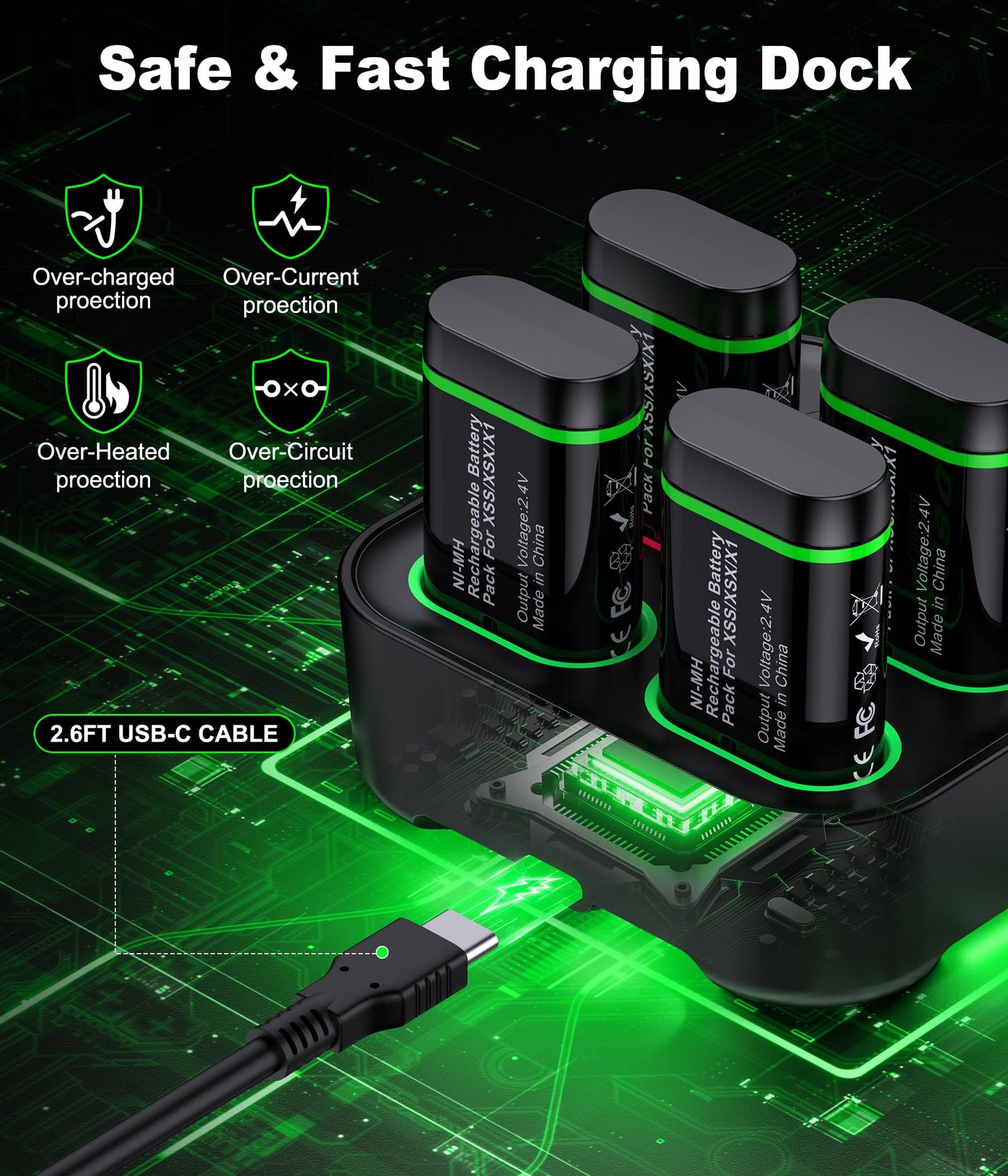 Upgraded Fast Charging Rechargeable Battery Packs with Light Control, 4 x 3600mWh Xbox Controller Batteries with Battery Charging Dock/Station for Xbox One/Xbox Series X|S, Xbox One S/X/Elite(1500mAh)