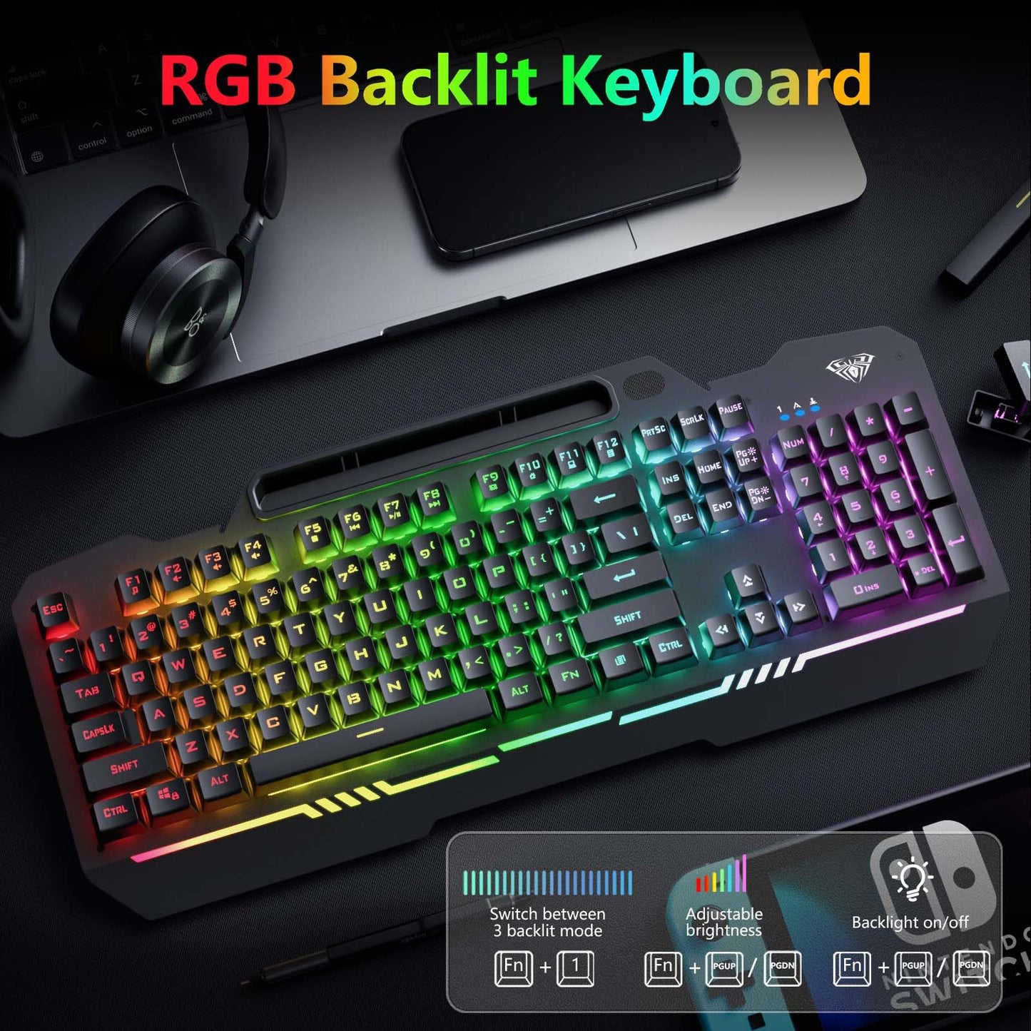 AULA Keyboard, T102 104 Keys Gaming Keyboard and Mouse Combo with RGB Backlit Quiet Computer Keyboard, All-Metal Panel, Waterproof Light Up PC Keyboard, USB Wired Keyboard Gaming for MAC Xbox PC Gamer