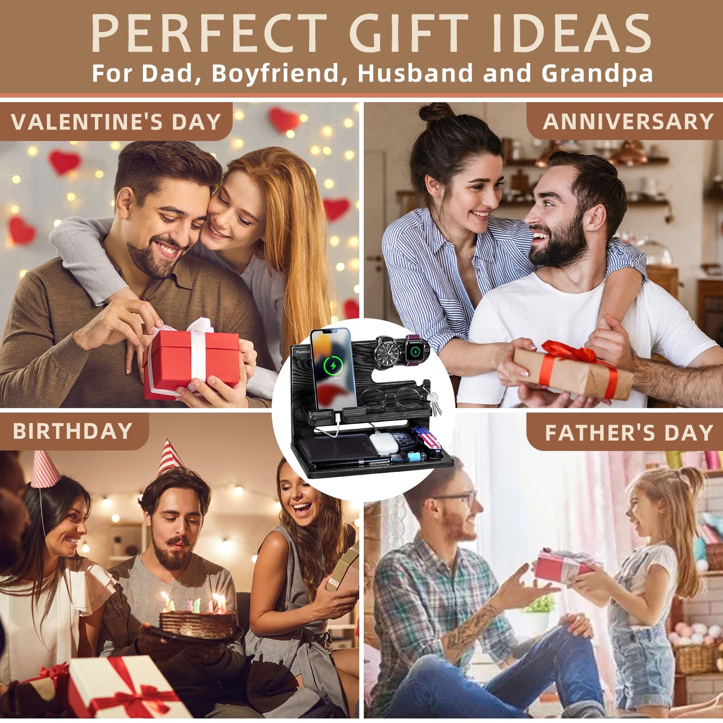 Gifts for Men Dad from Daughter Son Christmas, Wood Phone Docking Station with Drawer, Husband Birthday Gifts Him Boyfriend from Wife Anniversary Nightstand Organizer Xmas Stocking Stuffers