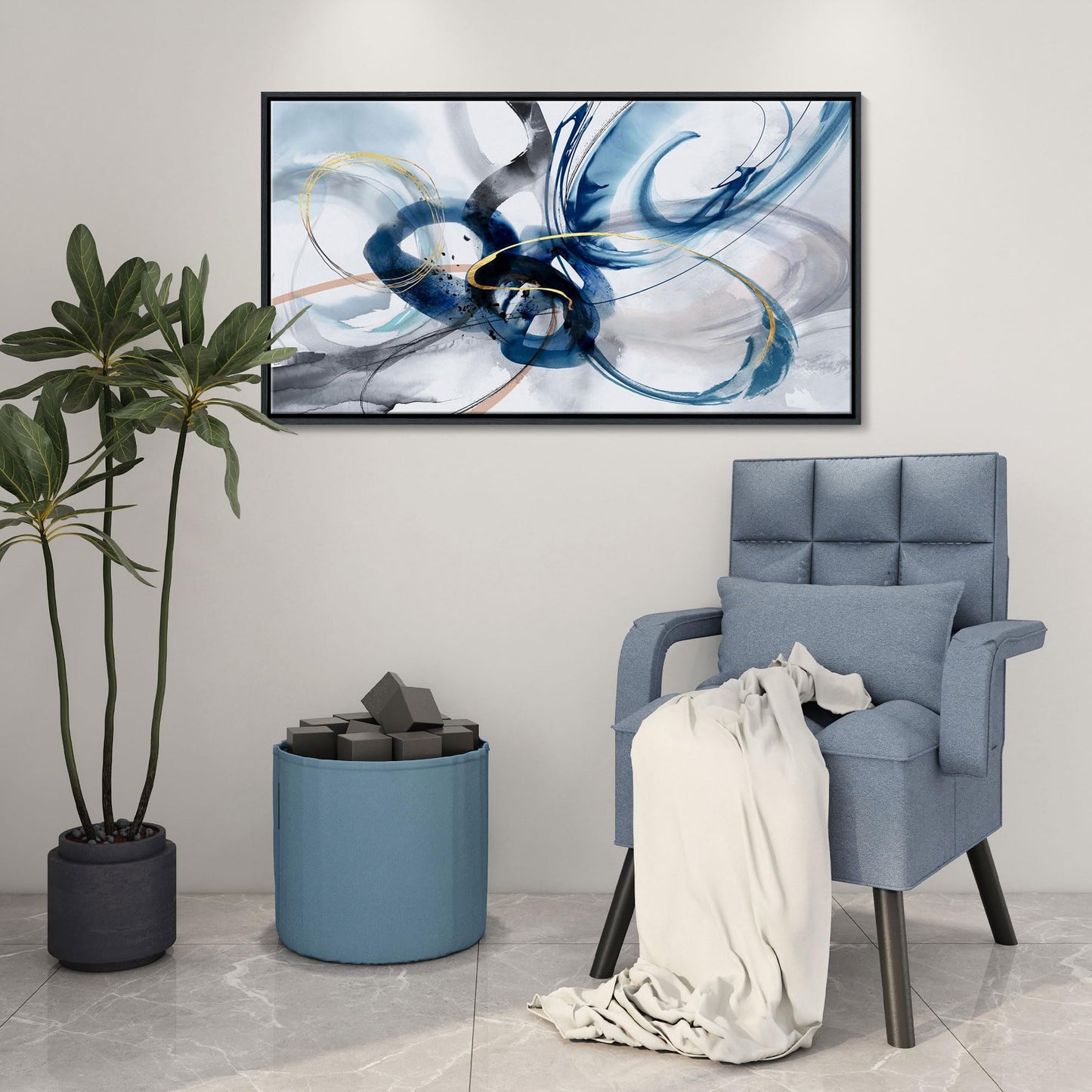 yiijeah Wall Art for Living Room - Framed Picture Artwork for Walls - Blue Wall Art 24x48 Inches Contemporary Abstract Wall Art Prints Canvas Painting Large Size Wall Art for Bedroom Office