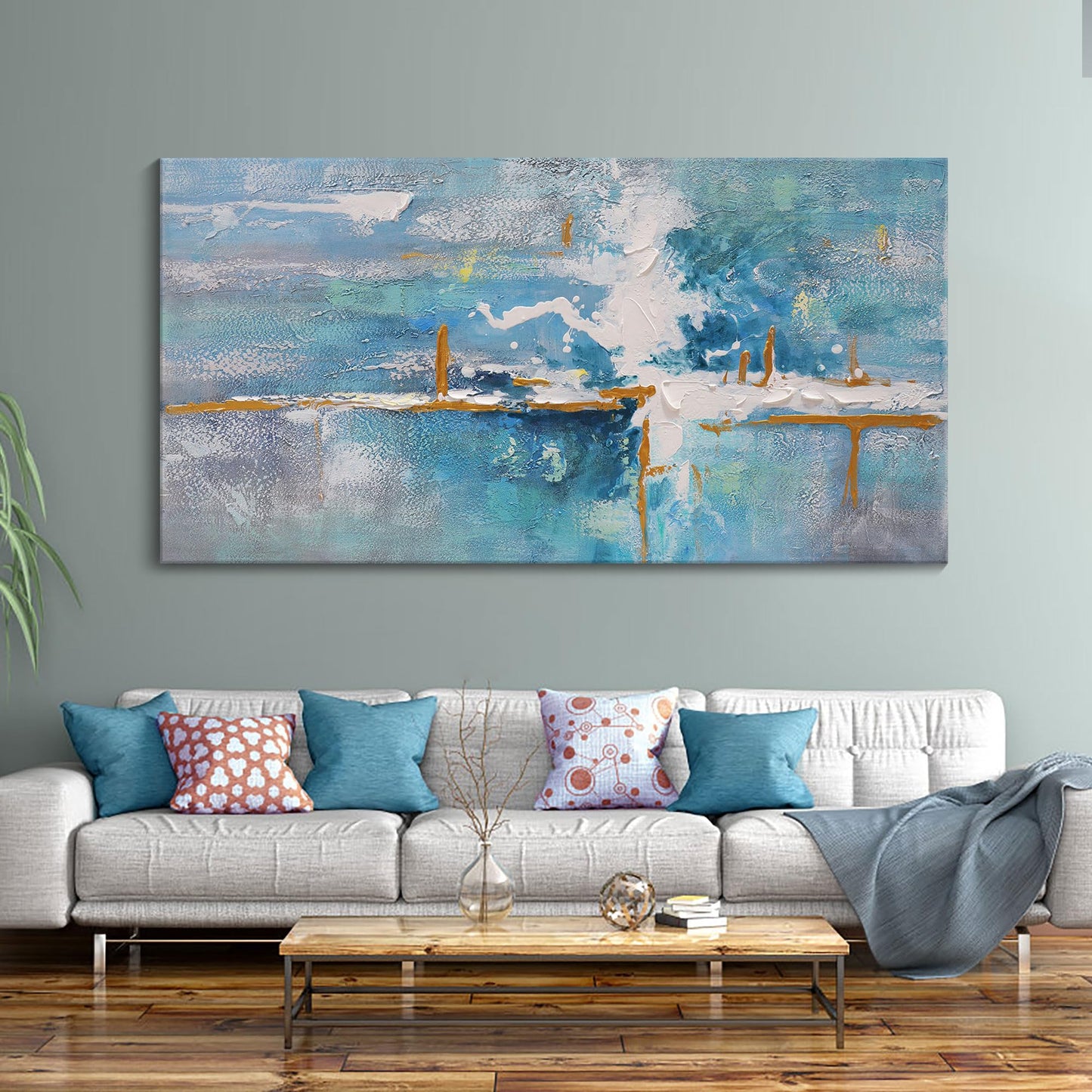 yiijeah Wall Art for Living Room - Framed Picture Artwork for Walls - Blue Wall Art 24x48 Inches Contemporary Abstract Wall Art Prints Canvas Painting Large Size Wall Art for Bedroom Office