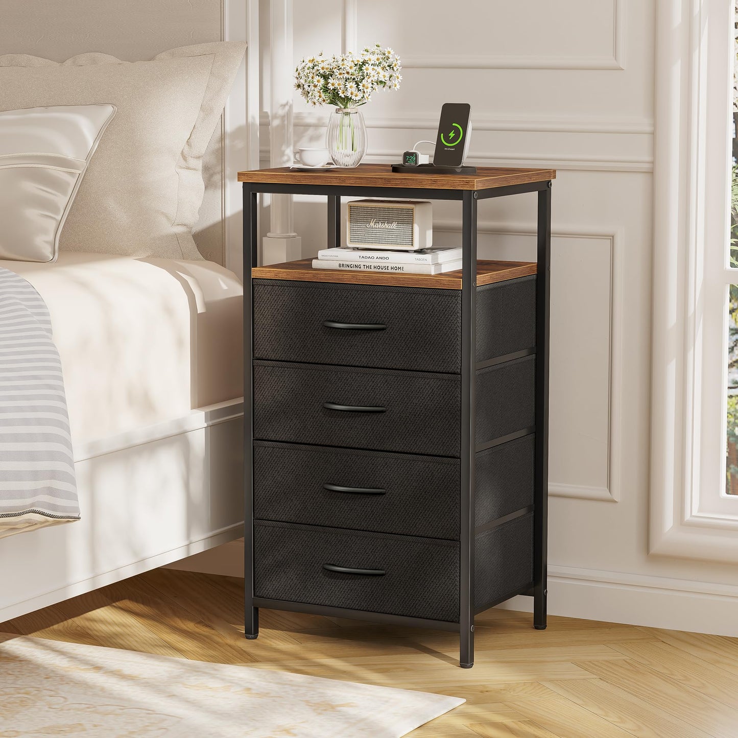 Huuger Nightstand with Charging Station, Side Table with Fabric Drawers, End Table with Open Shelf, Bedside Table with USB Ports and Outlets, Night Stand for Bedroom, Rustic Brown and Black