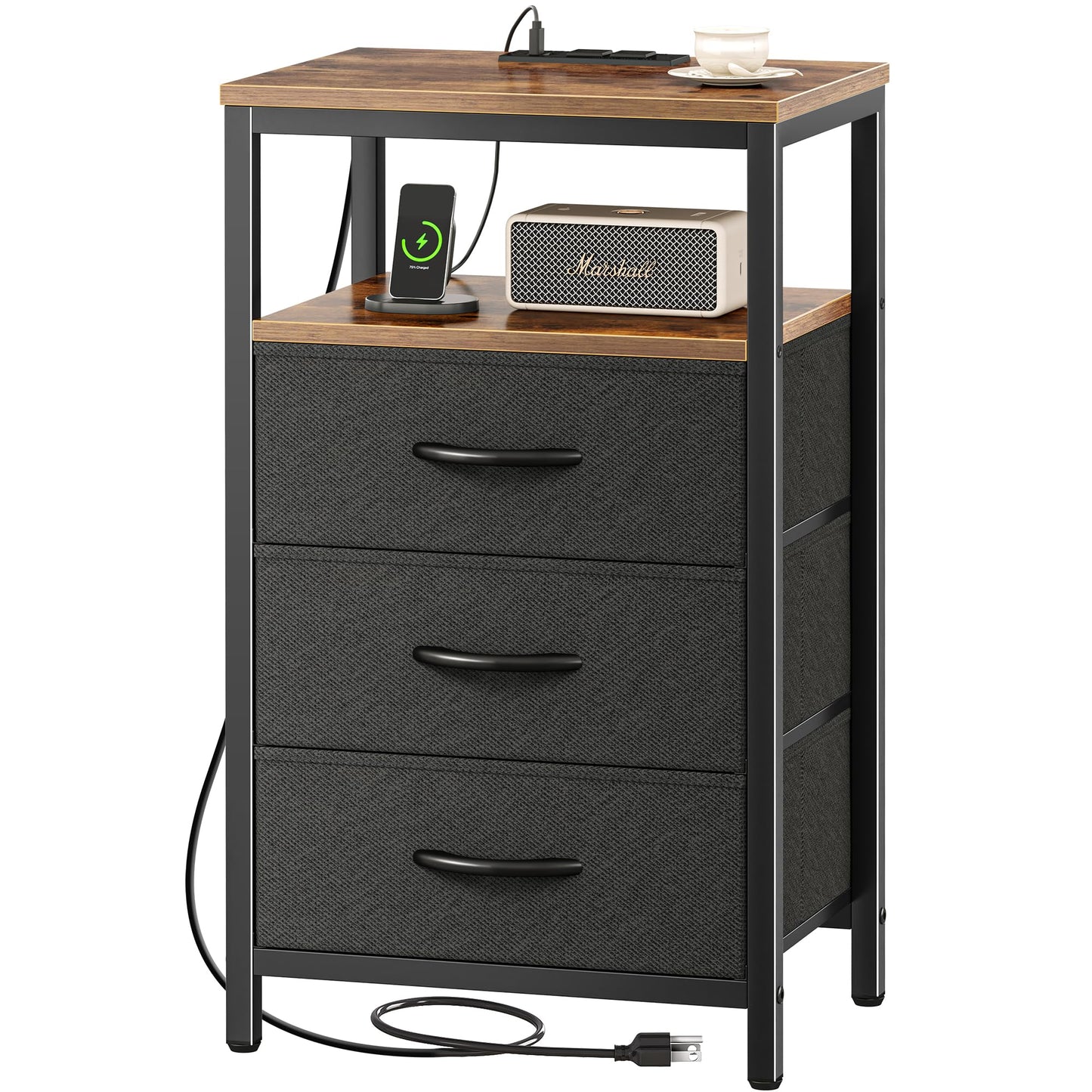 Huuger Nightstand with Charging Station, Side Table with Fabric Drawers, End Table with Open Shelf, Bedside Table with USB Ports and Outlets, Night Stand for Bedroom, Rustic Brown and Black
