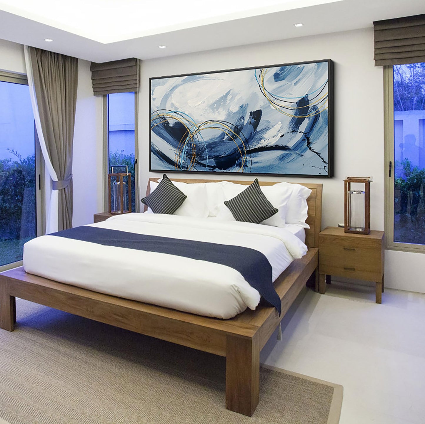 yiijeah Wall Art for Living Room - Framed Picture Artwork for Walls - Blue Wall Art 24x48 Inches Contemporary Abstract Wall Art Prints Canvas Painting Large Size Wall Art for Bedroom Office