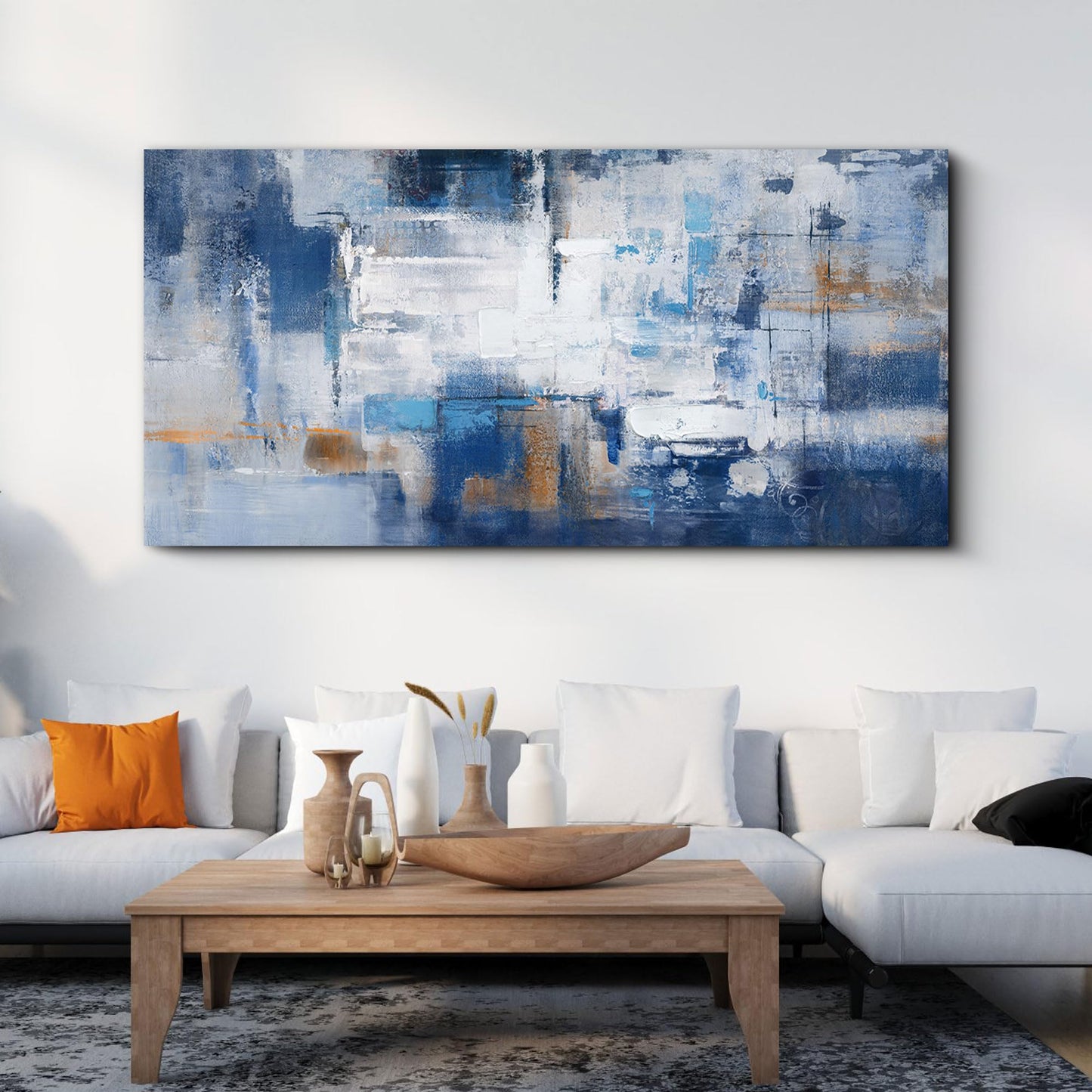 yiijeah Wall Art for Living Room - Framed Picture Artwork for Walls - Blue Wall Art 24x48 Inches Contemporary Abstract Wall Art Prints Canvas Painting Large Size Wall Art for Bedroom Office