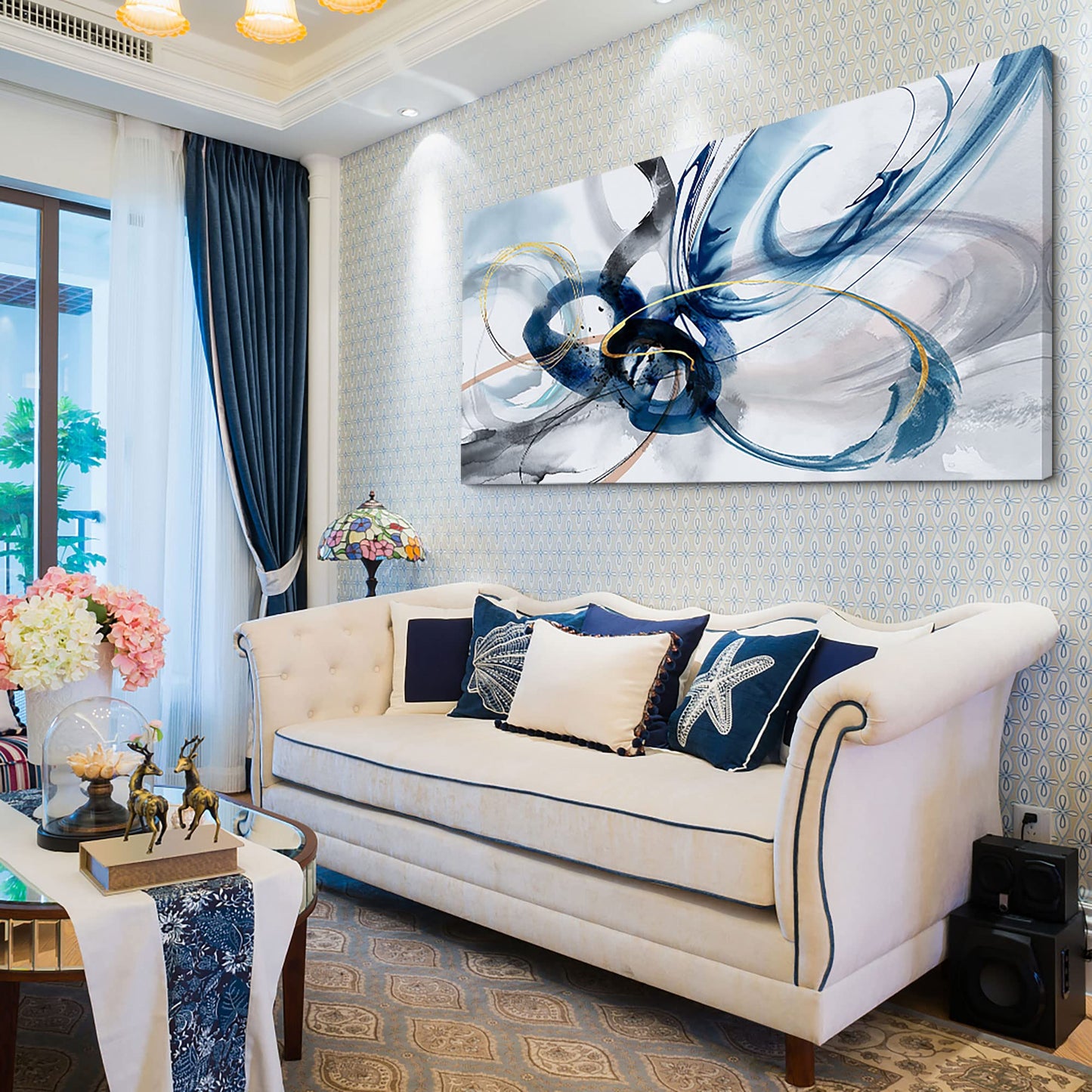 yiijeah Wall Art for Living Room - Framed Picture Artwork for Walls - Blue Wall Art 24x48 Inches Contemporary Abstract Wall Art Prints Canvas Painting Large Size Wall Art for Bedroom Office