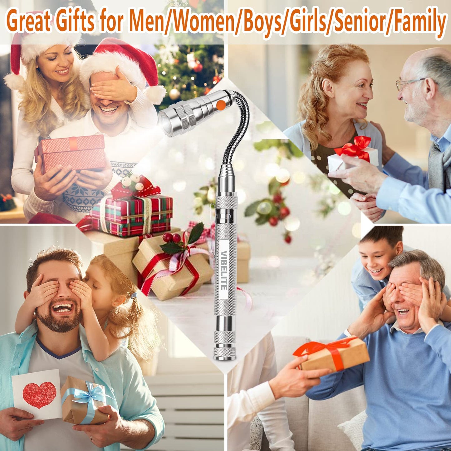 VIBELITE Extendable Magnetic Flashlight with Telescoping Magnet Pickup Tool-Cool Gadgets Gifts Idea & Gifts for Men,Husband,Dad,Father,Mechanic,Tech,Handyman,Him Women, Silve