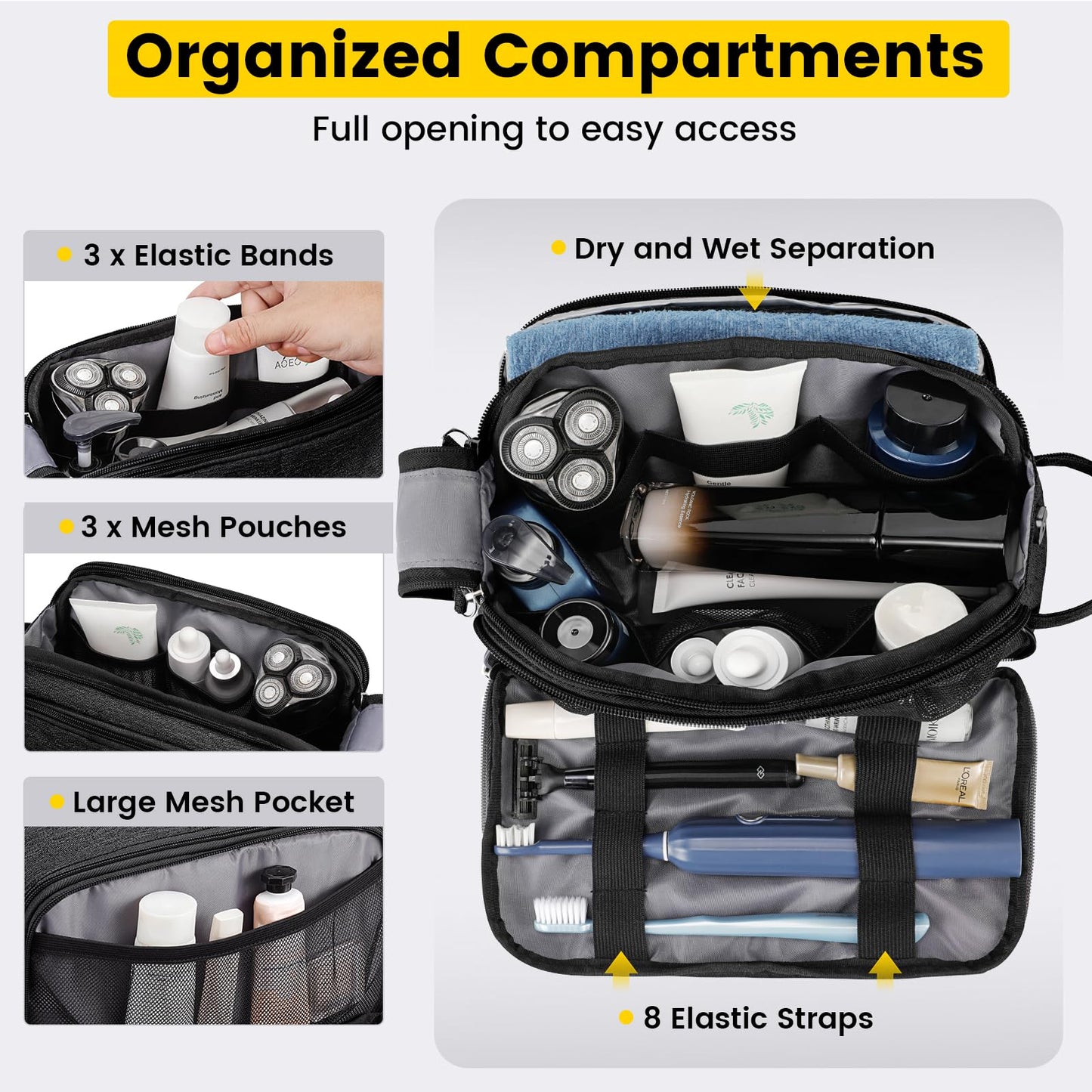 Vorspack Travel Toiletry Bag for Men - Water Resistant Mens Toiletry Travel Bag Dopp Kit Shaving Bag for Bathroom Toiletries Gifts - Grey